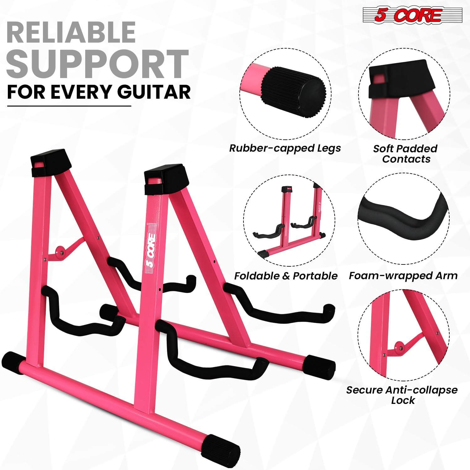 5 CORE Double Guitar Stand A Frame Shape w Soft Foam Arms Non Slip Rubber Supports Acoustic Electric Bass Ukulele Banjo Pink - GSS 2N1 PNK