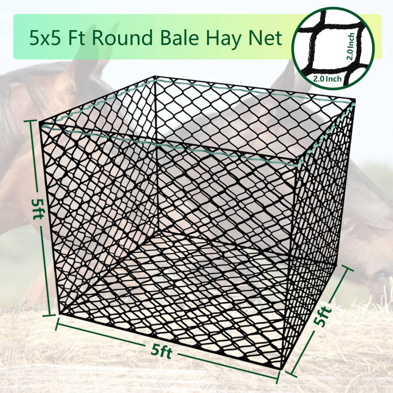 5x5 ft Round Bale Hay Net – Slow Feeder for Horses & Livestock, Extra Dense 2" Knotless Holes, Durable & Healthy Feeding Solution