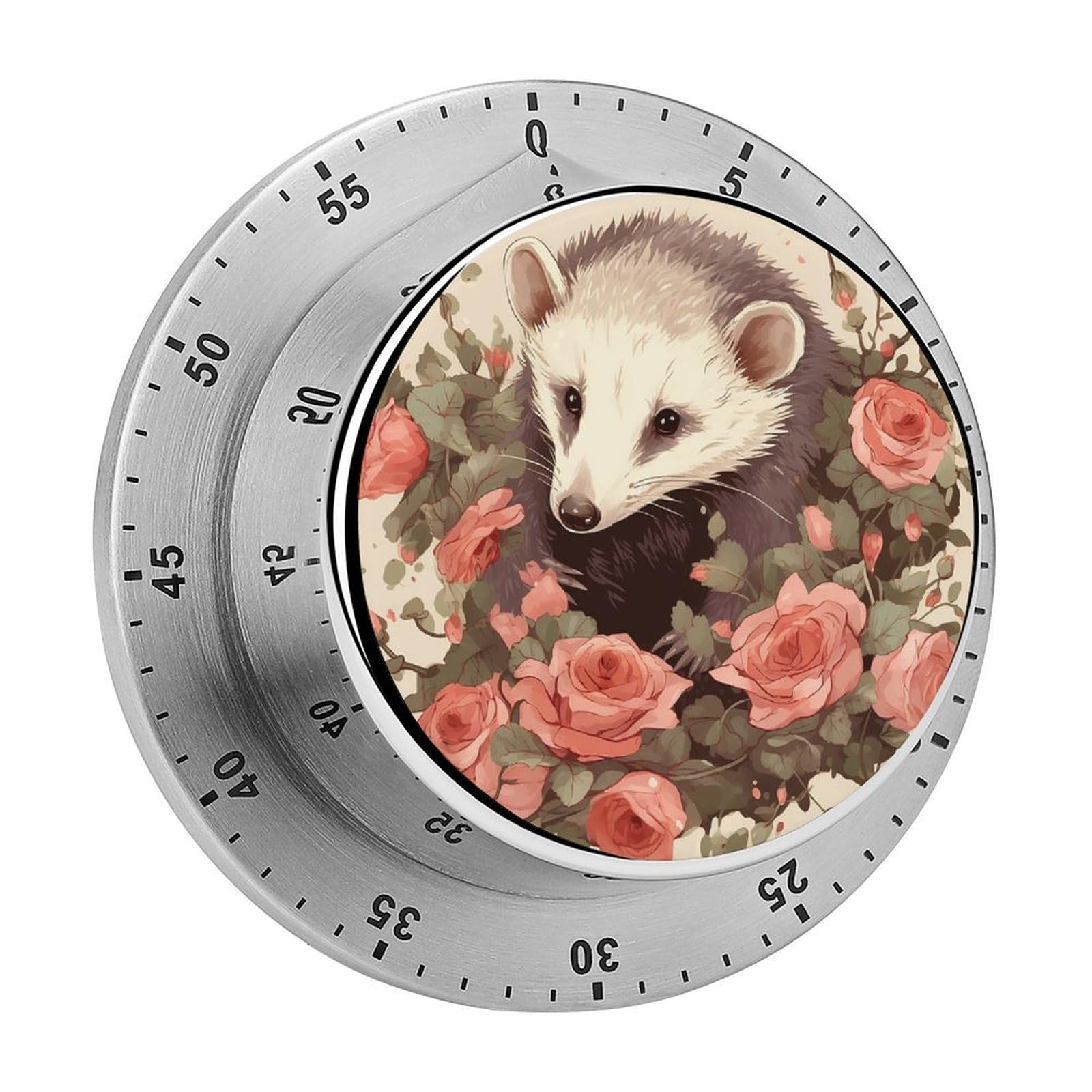 Opossum and Roses Kitchen Timer for Cooking Chef Cooking Magnetic Timer Loud Alarm Mechanical Desk Stainless Countdown Reminder