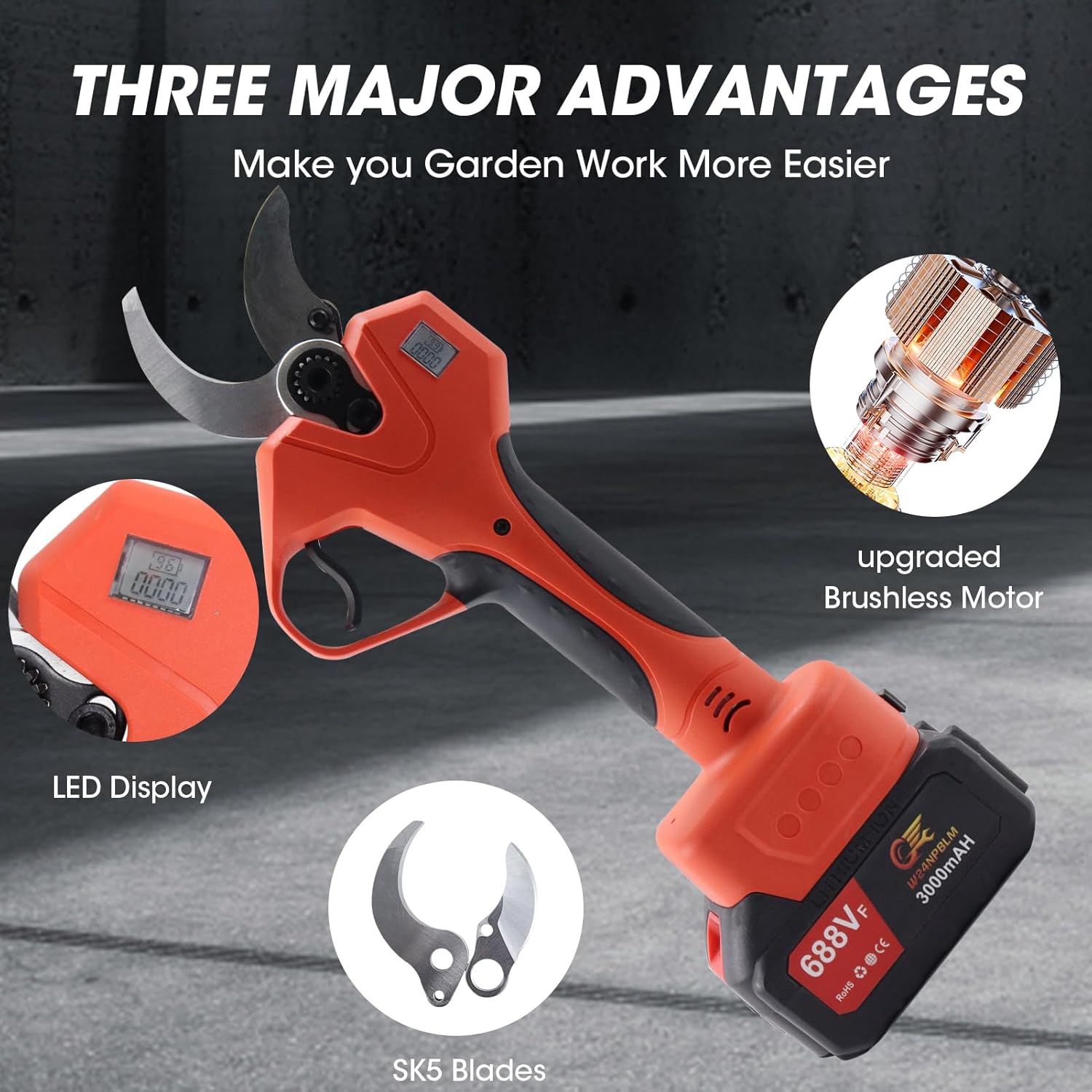 Electric Pruning Shears,2 inches (50mm) Cutting Diameter,Cordless Pruning Shears with LCD Display,2pcs 3000mAh Rechargeable Lithium Battery, 2pcs Upgraded SK5 blades