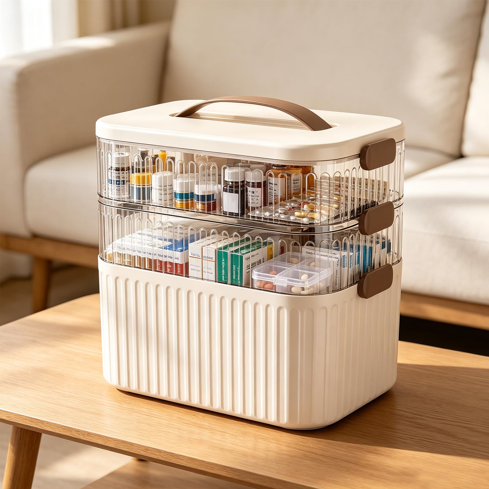 Scatola portaoggetti per medicinali, organizer multiuso a 3 strati, con maniglia portatile e chiusura a fibbia di sicurezza, grande organizer da scrivania per primo soccorso, per casa, ufficio, auto