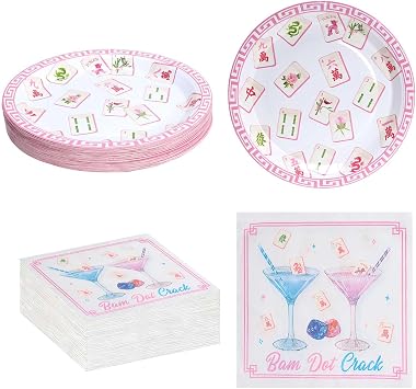 20 Pcs Mahjong Napkins Cocktail and Mahjong Plates Set,Mahjong Party Supply,Mahjong Party Set For Home, Special Events, Bridal Showers, Wedding, Anniversary & Birthdays