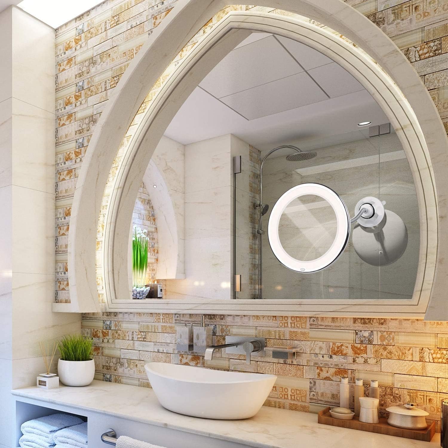 7X Magnifying Mirror with Lights, Flexible Mirror as seen on TV, Powerful Suction Cup, 360° Swivel Flexible Gooseneck Led Lighted Makeup Mirror for Bathroom Shaving Travel Vanity, Cordless -