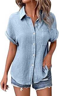 2025 - Camisa casual de manga corta de color sólido de moda con mangas de murciélago botones para mujer blusa mujer para verano