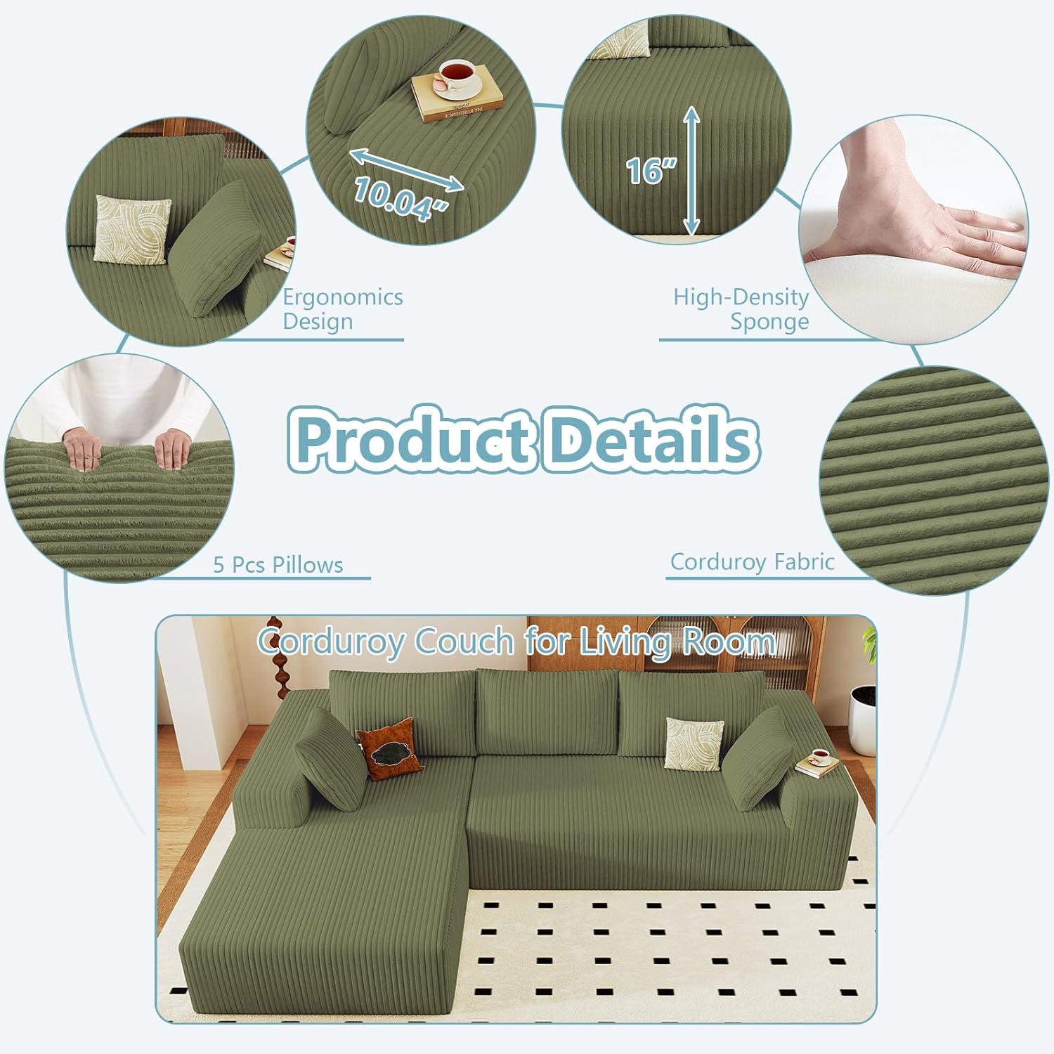 96" Cloud Sectional Couch with L-Shape Chaise, Modern Corduroy Boneless Couch for Living Room,Memory Foam Sofa with Deep Seat,No Assembly Required (Green,Left-Facing Chaise)