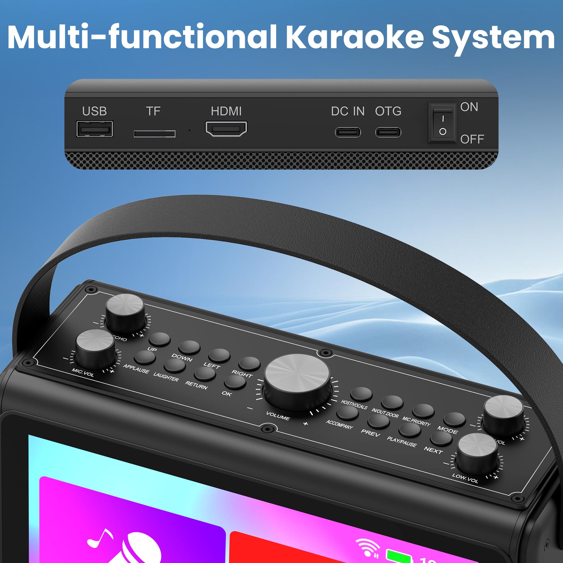 Máquina de karaoke para adultos, pantalla de letras HD integrada de 10.1 pulgadas, compatible con WiFi, Bluetooth, HDMI, USB y TF, reproductor de karaoke portátil con 2 micrófonos inalámbricos para