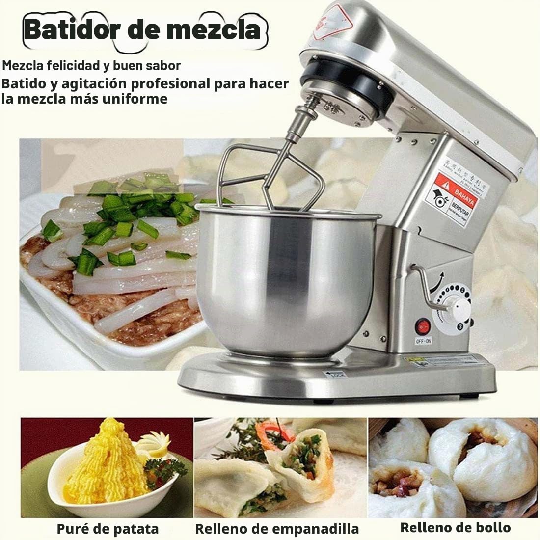 Amasadora profesional de 5 kg, batidora de pie eléctrica comercial, 1500 W, de acero inoxidable, para amasar harina, verduras y verduras con tazón inclinable a 90°.