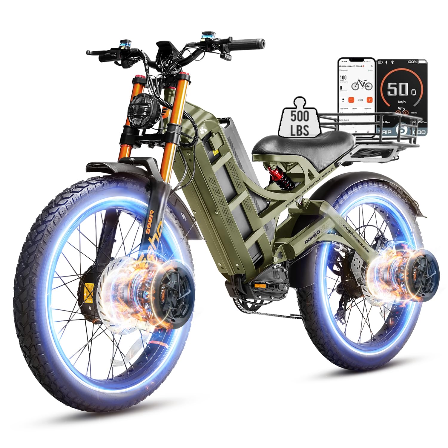 eAhora Romeo Pro 3 Electric Bike - [2026 Latest] 50MPH 5600W Dual Motor 60V 80AH 250Miles Long Range Ebike for Adults, 26" * 4.0 Fat Tire Fast