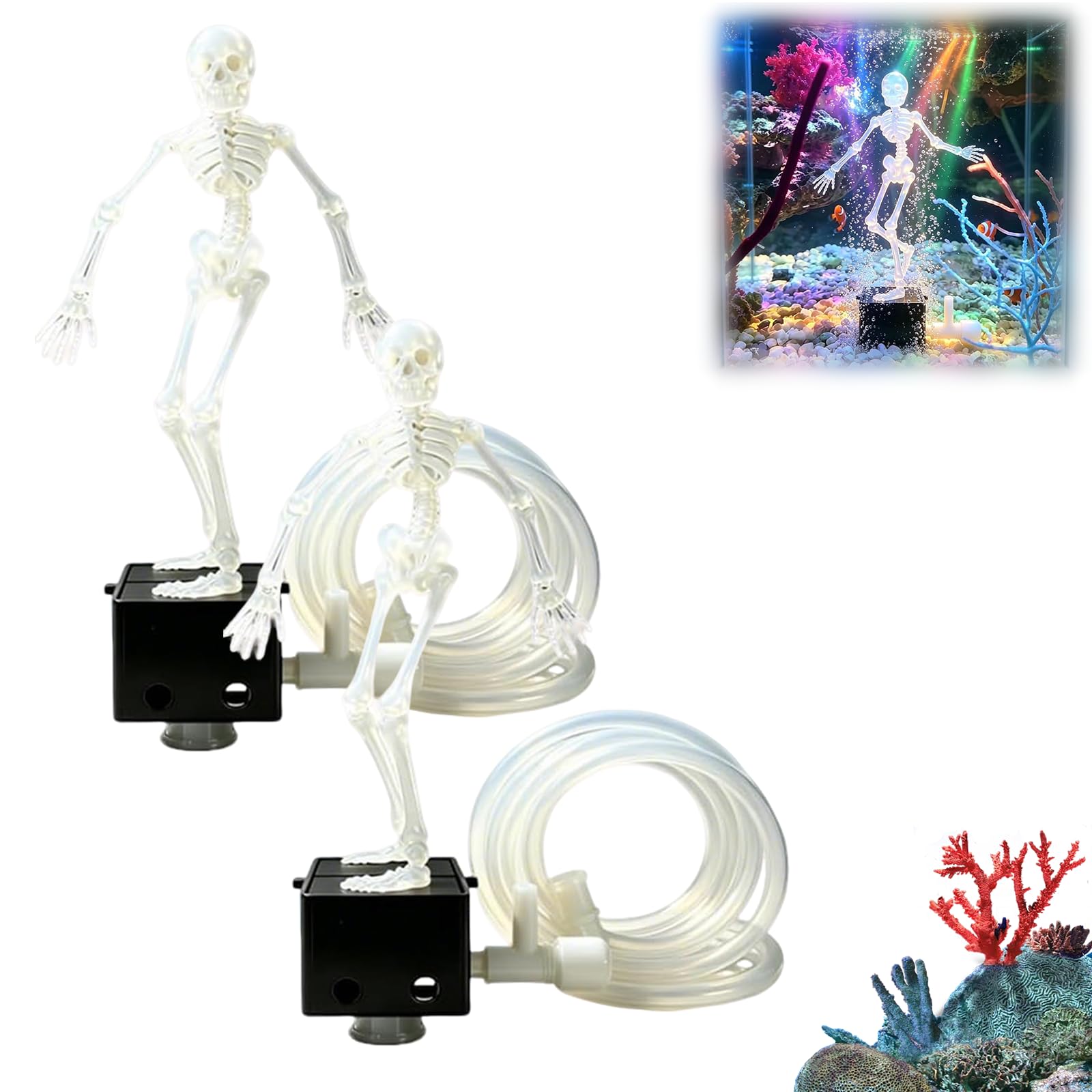 Dancing Skeleton Aquarium Bubbler Decorations, Fish Tank Decor Landscape Skeleton Figurines With Suction Cup, Interactive Fish Tank Decor With 1-Meter Air Hose, Adjustable Bubbles, Funny Gift，2pcs