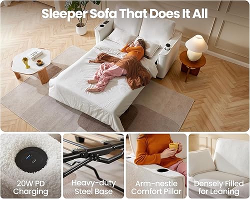 CHIC HOUSE 2-in-1 Pull-Out Sofa Bed, Convertible Chenille Sofa with 20W Fast Charging, LED, Memory Foam Couch Layered Cushion Trim, Full/Queen RV Sleeper Sofa, Living Room, Apartment Small Space - Thumbnail 2