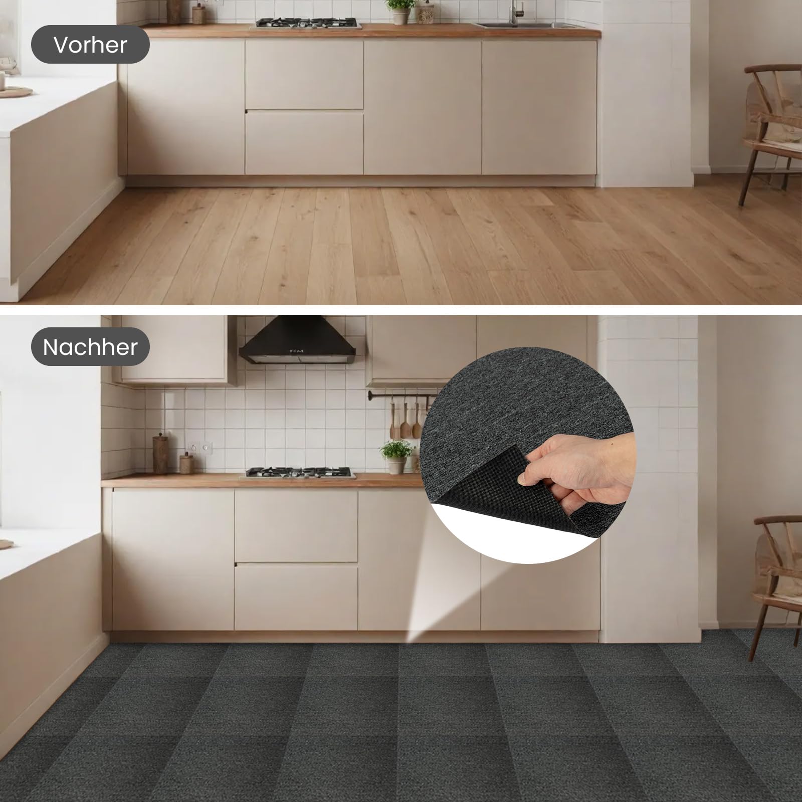 50x50 cm Teppichfliesen, zur Selbstverlegung — 20 Fliesen pro Packung (5 Quadratmeter) — strapazierfähig — geeignet für Wohnungen, Büros, Apartments und Gewerberäume (Dunkelgrau)