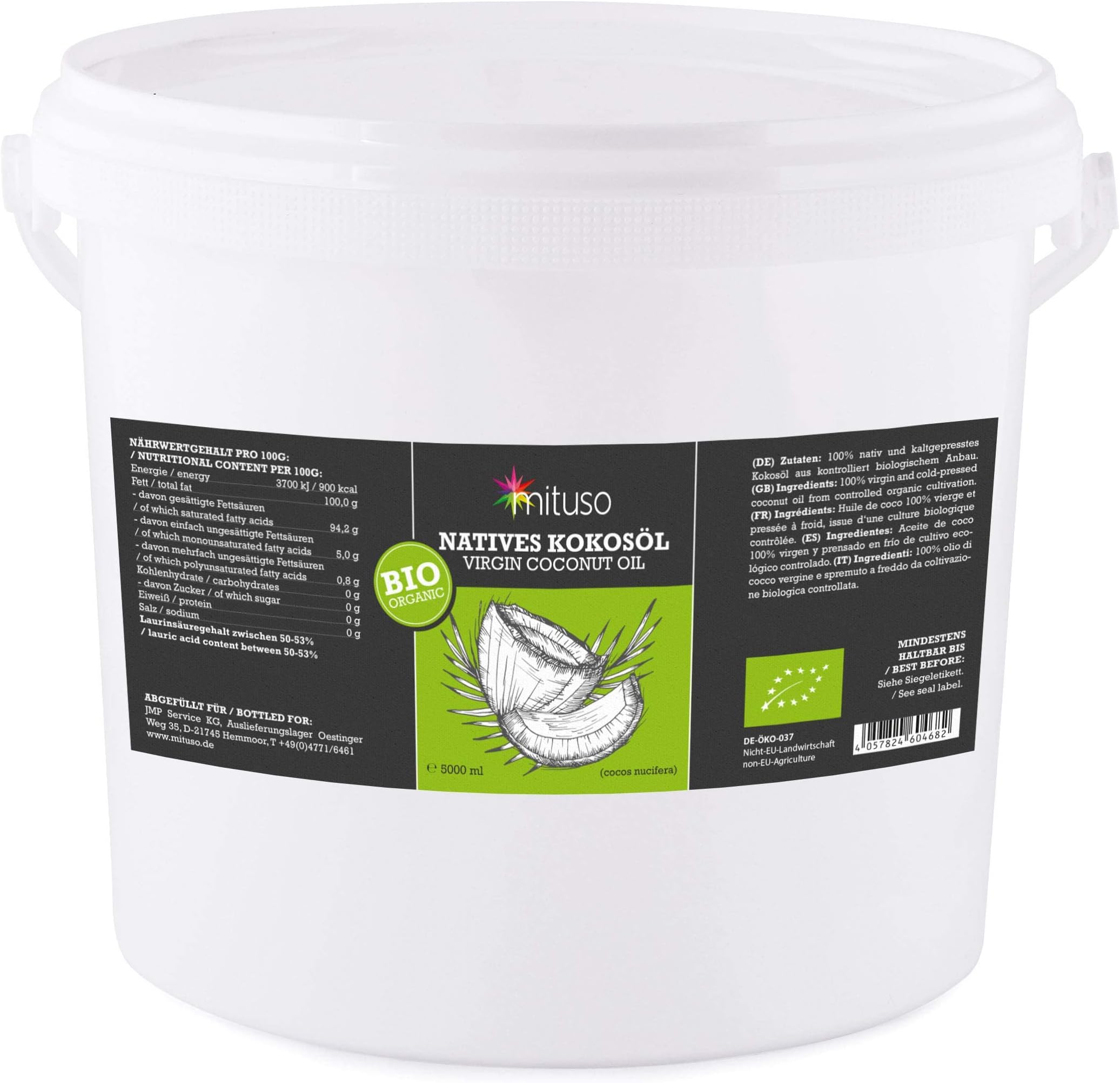 mitusoorganic coconut oil, native, 1-pack (1 x 5L) in a bucket
