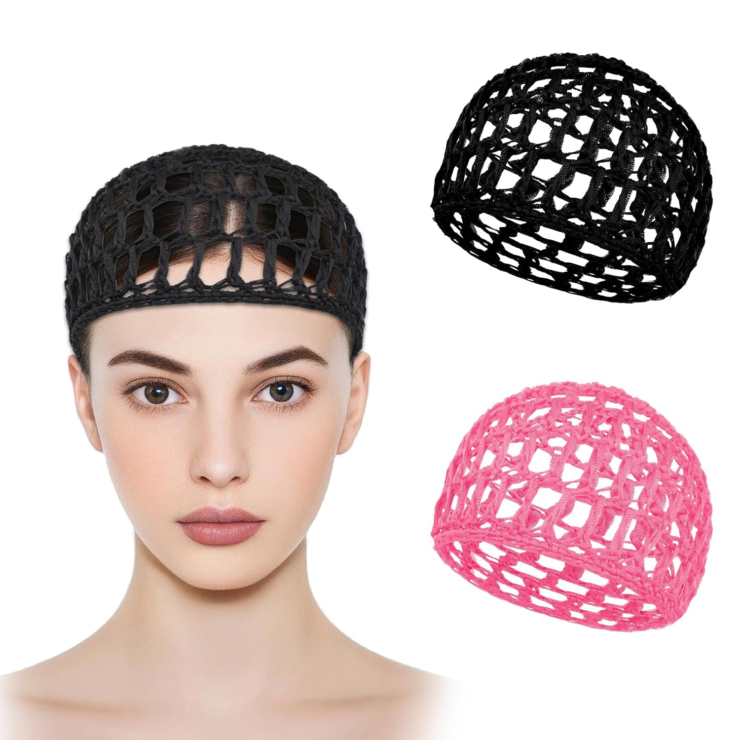 2Pcs Hair Nets for Sleeping, Black Pink Crochet Hair Net, Silk Press Hairs Wrap Net Caps for Hairs Silk Press Tidy Women Sleeping