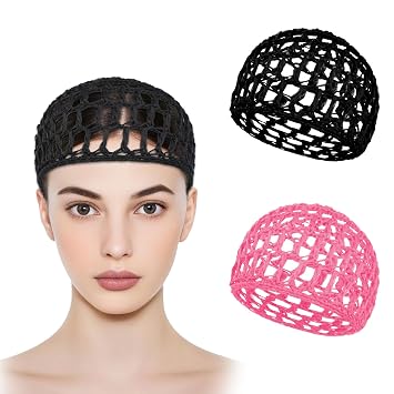 2Pcs Hair Nets for Sleeping, Black Pink Crochet Hair Net, Silk Press Hairs Wrap Net Caps for Hairs Silk Press Tidy Women Sleeping