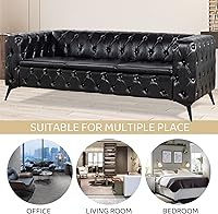 Vista 7 de Sofás negros para sala de estar, moderno sofá Chesterfield copetudo, asiento profundo, cómodo sofá de piel sintética, brazos enrollados plisados