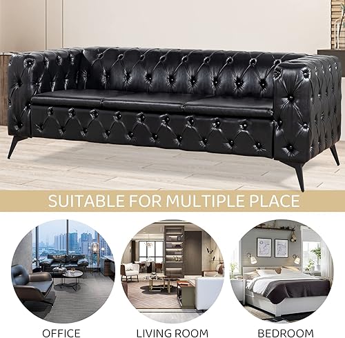 Miniatura 7 de Vaztrlus Sofás negros para sala de estar, moderno sofá Chesterfield copetudo, asiento profundo, cómodo sofá de piel sintética, brazos enrollados