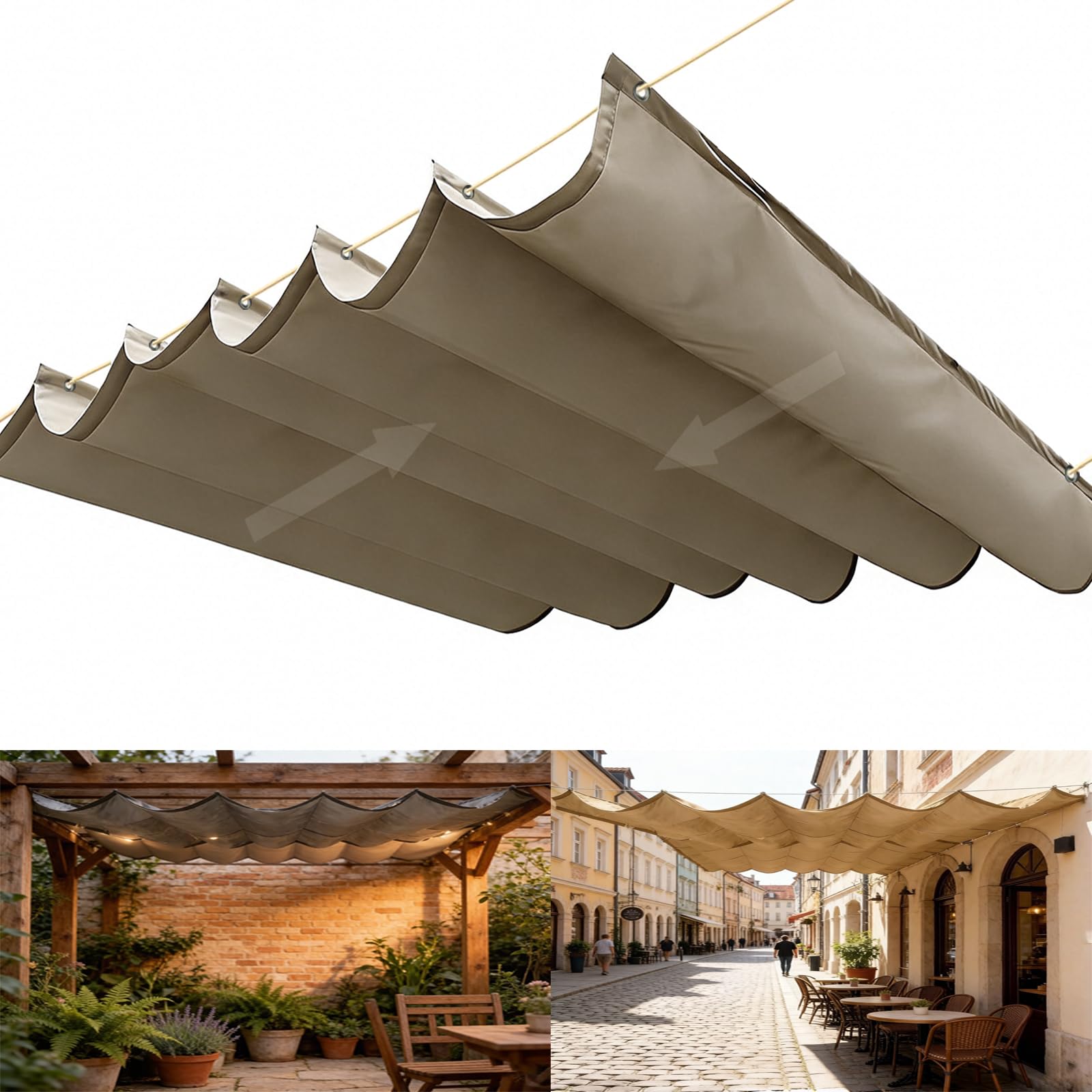 Einziehbare Welle Sonnensegel, Verstellbar Schattenabdeckung, Sonnenschutz Wasserdicht Outdoor Wellenmarkise mit Ösen und Kordel für Balkon Terrasse Garten-Khaki||350x400cm