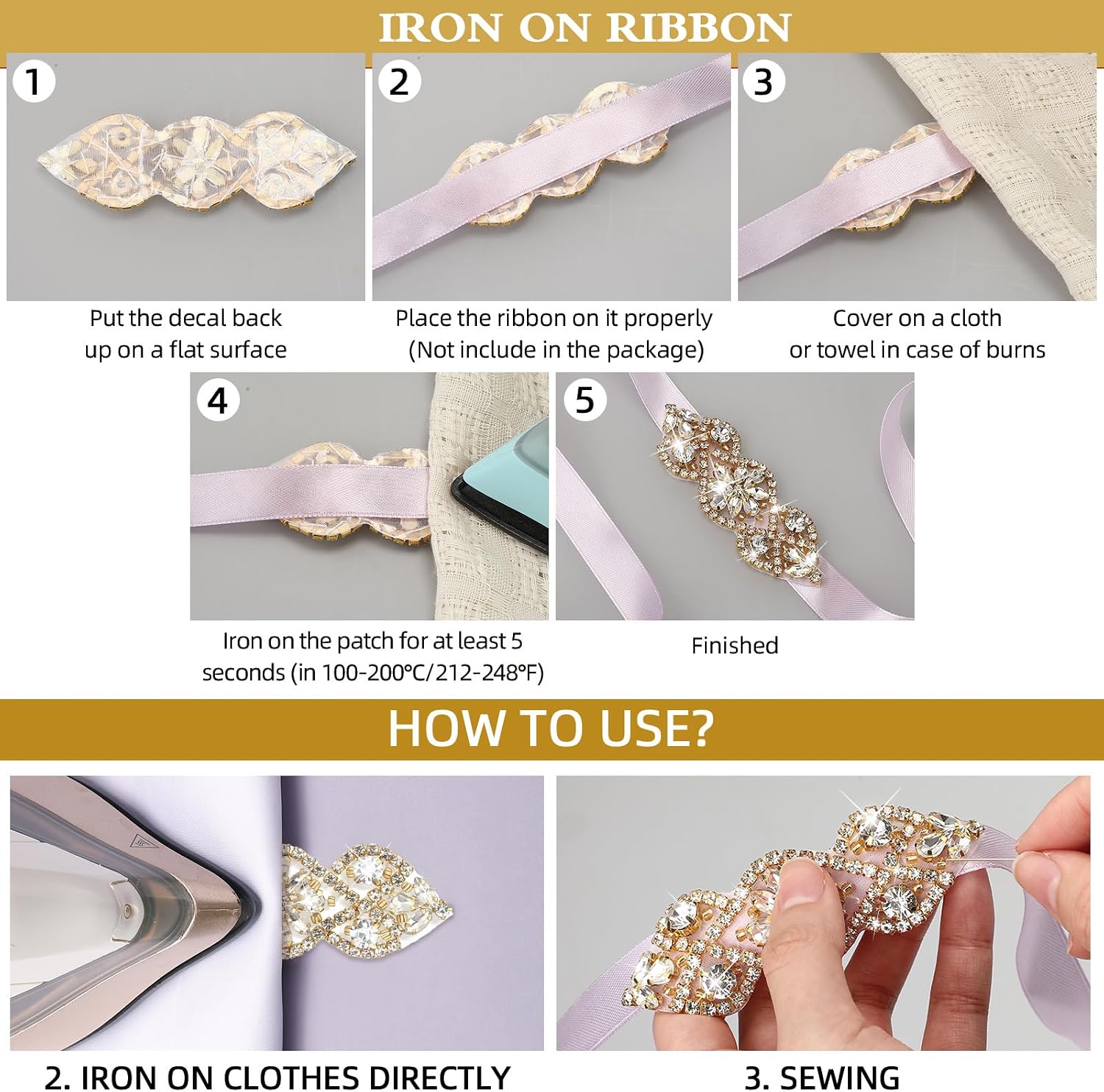 Geosar 4 Pcs Rhinestone Appliques for Wedding Dress Bridal Sequin Applique Iron on Patch Crystal Rhinestone Trim for Women Wedding Clothes DIY Crafting Prom Decoration (Gold)