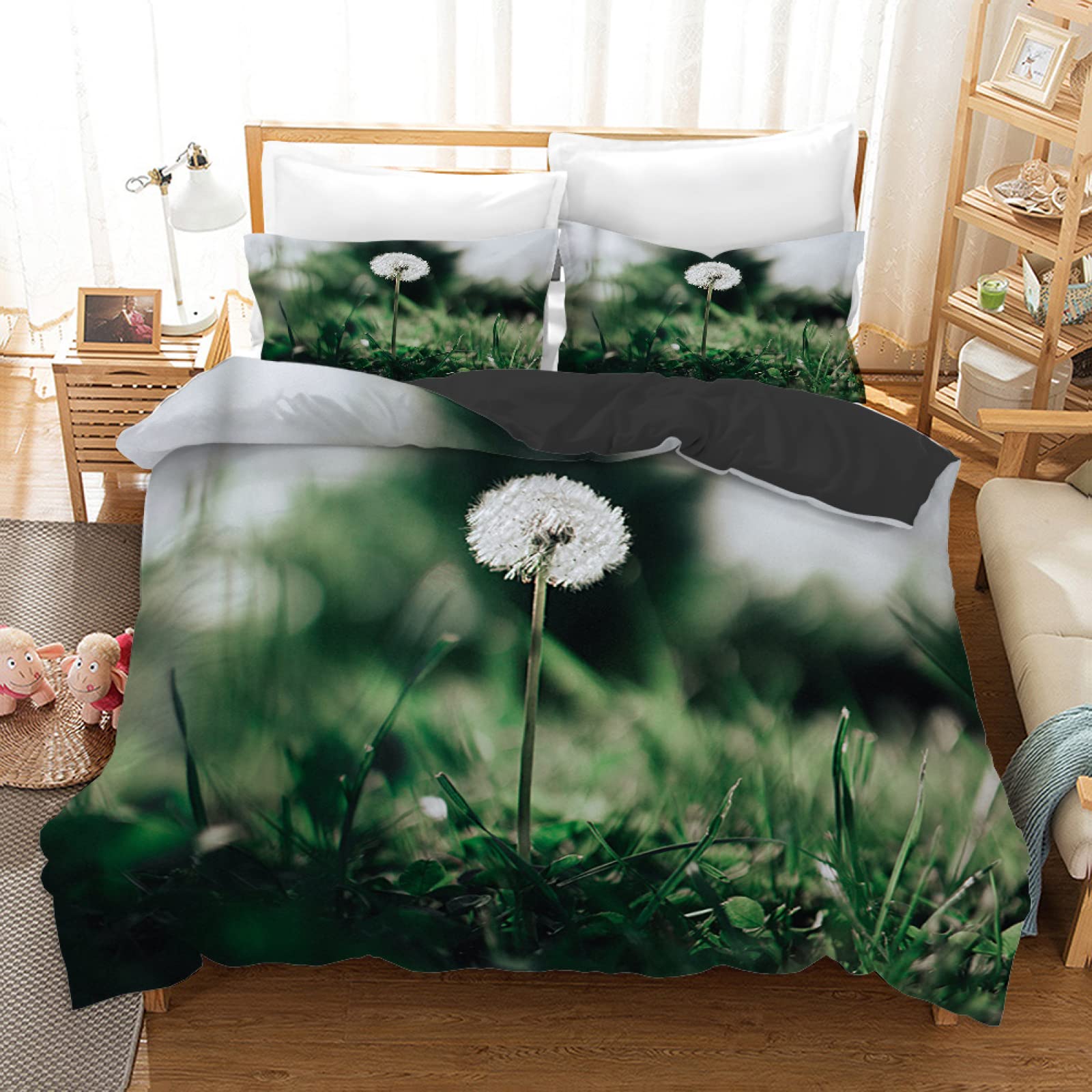Housse de couette 140x200 verte pissenlit avec fermeture éclair pour parure de lit enfant ado