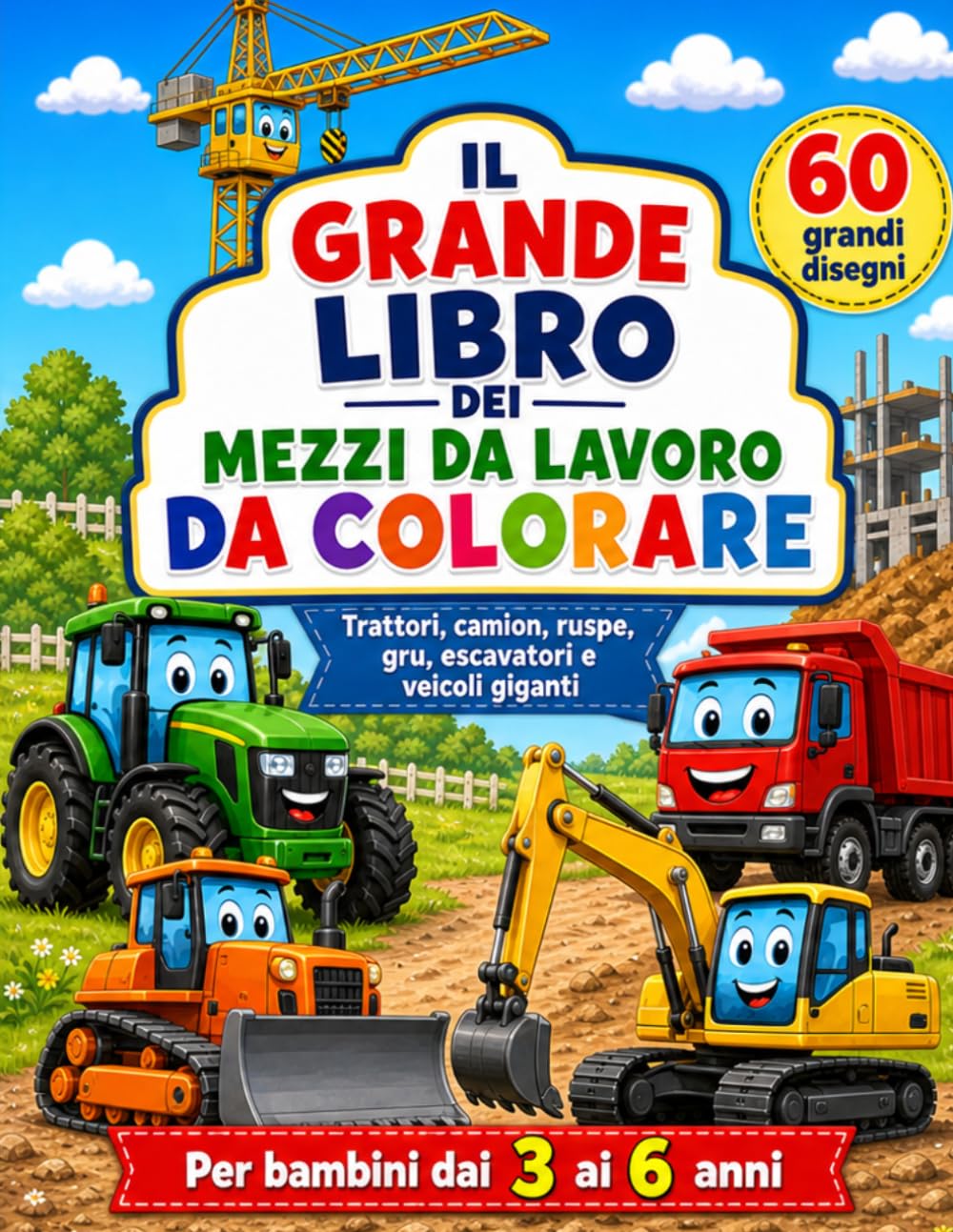 Il Grande Libro dei Mezzi da Lavoro da Colorare: Trattori, camion, ruspe, gru, escavatori e veicoli giganti per bambini dai 3 ai 6 anni