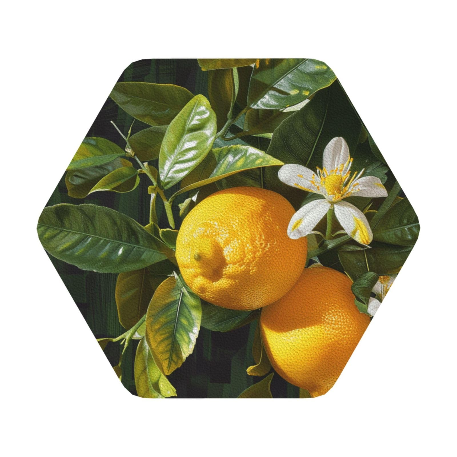 Yellow Lemon flower Print Leather Coaster Set of 6, Hexagon Coasters Table Decorative Coffee Cup Beverage Coasters Wine Beer Bar Coasters for Hot Drinks Table Protection