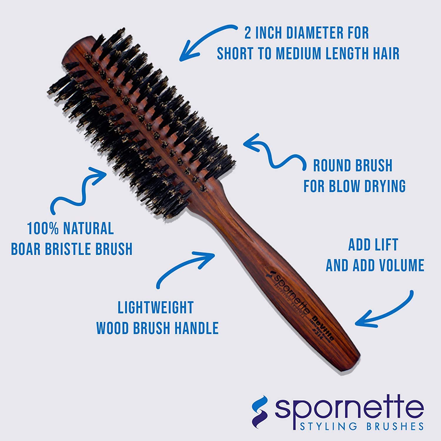 Spornette DeVille Boar Bristle Round Brush Set - Professional Hair Brushes Including 1.5, 2, and 2.5 inch Sizes - For Women, Men, & Kids
