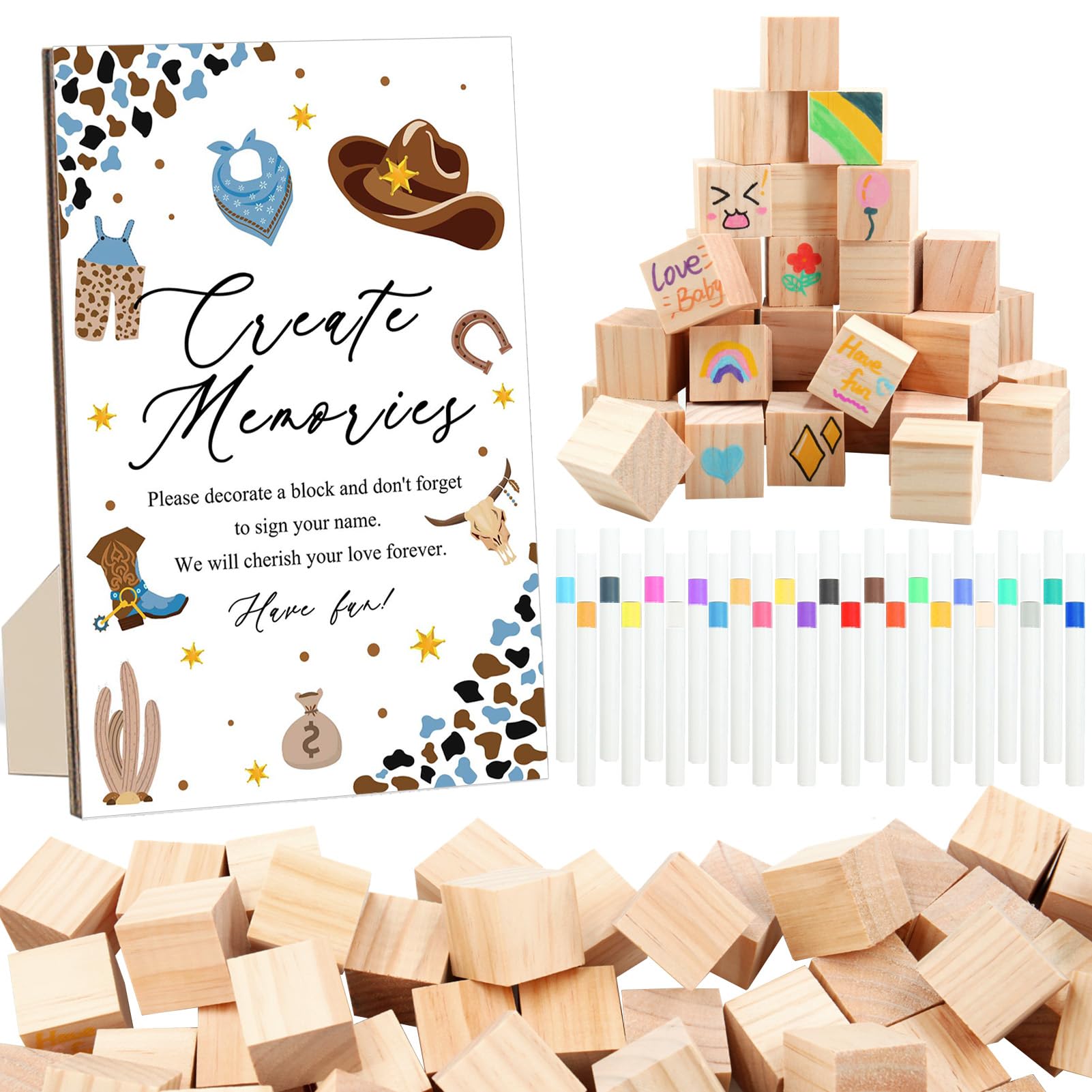ZCPTZ 97 Pcs Baby Shower Games Sign Kit,Including Decorate a Block Game Sign 72 DIY Blank Wooden Block 24 Pen to Draw Your Idea for Cowboy Baby Shower