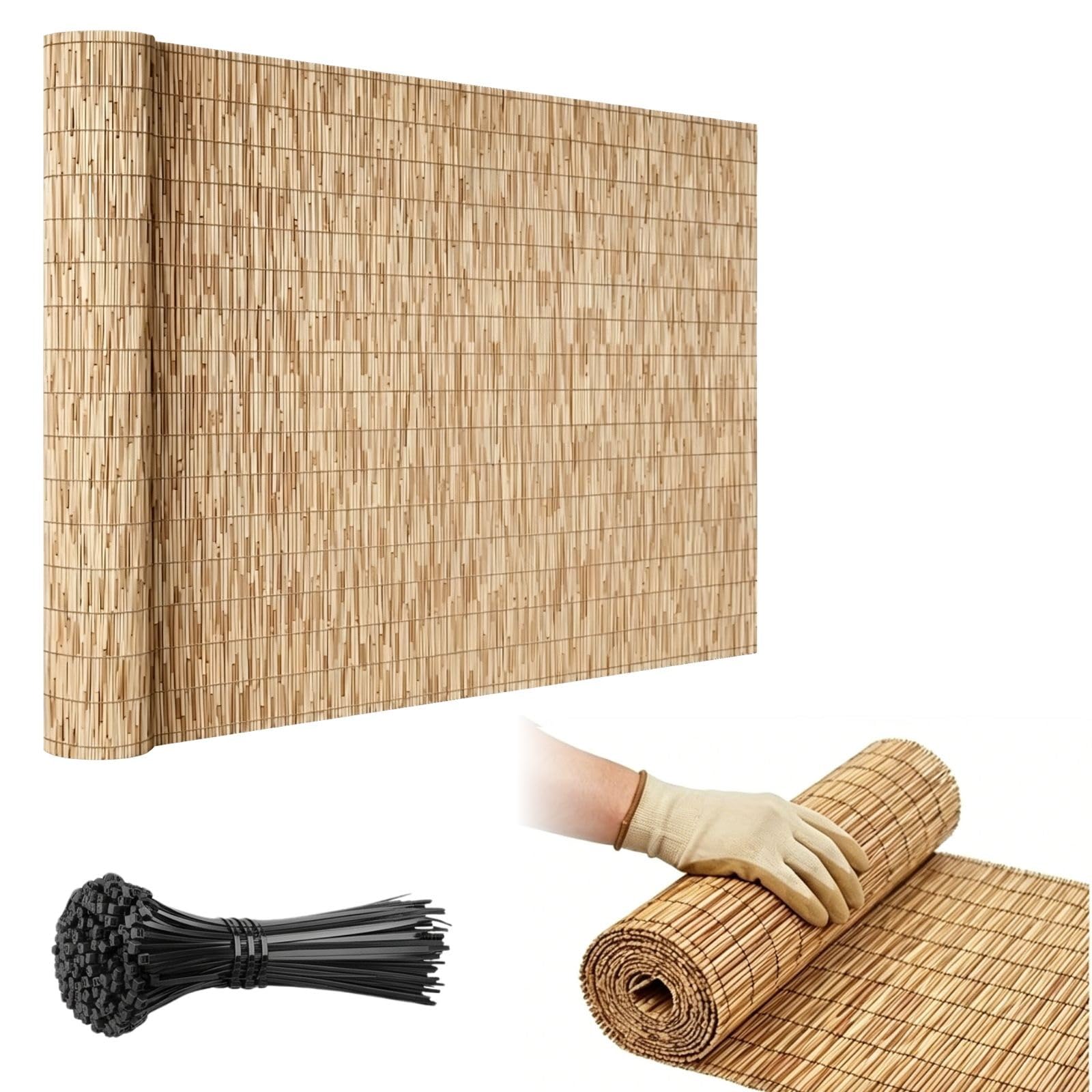 Brise Vue en Roseau Naturel pour Balcon Extérieur 100/120/130/150/180 cm Canisse Bambou avec Attaches pour Terrasse Pergola Rouleau de Clôture Intimité Pare Soleil Coupe Vent(Blanc,H90xL350cm)