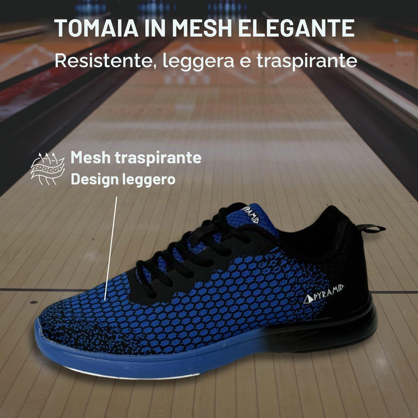 Pyramid Path Lite Scarpe da bowling da uomo in rete, design leggero senza cuciture, calzata atletica, tomaia in rete traspirante, suola universale per scivolare facilmente, Nero/Blu Savoia, 44 EU