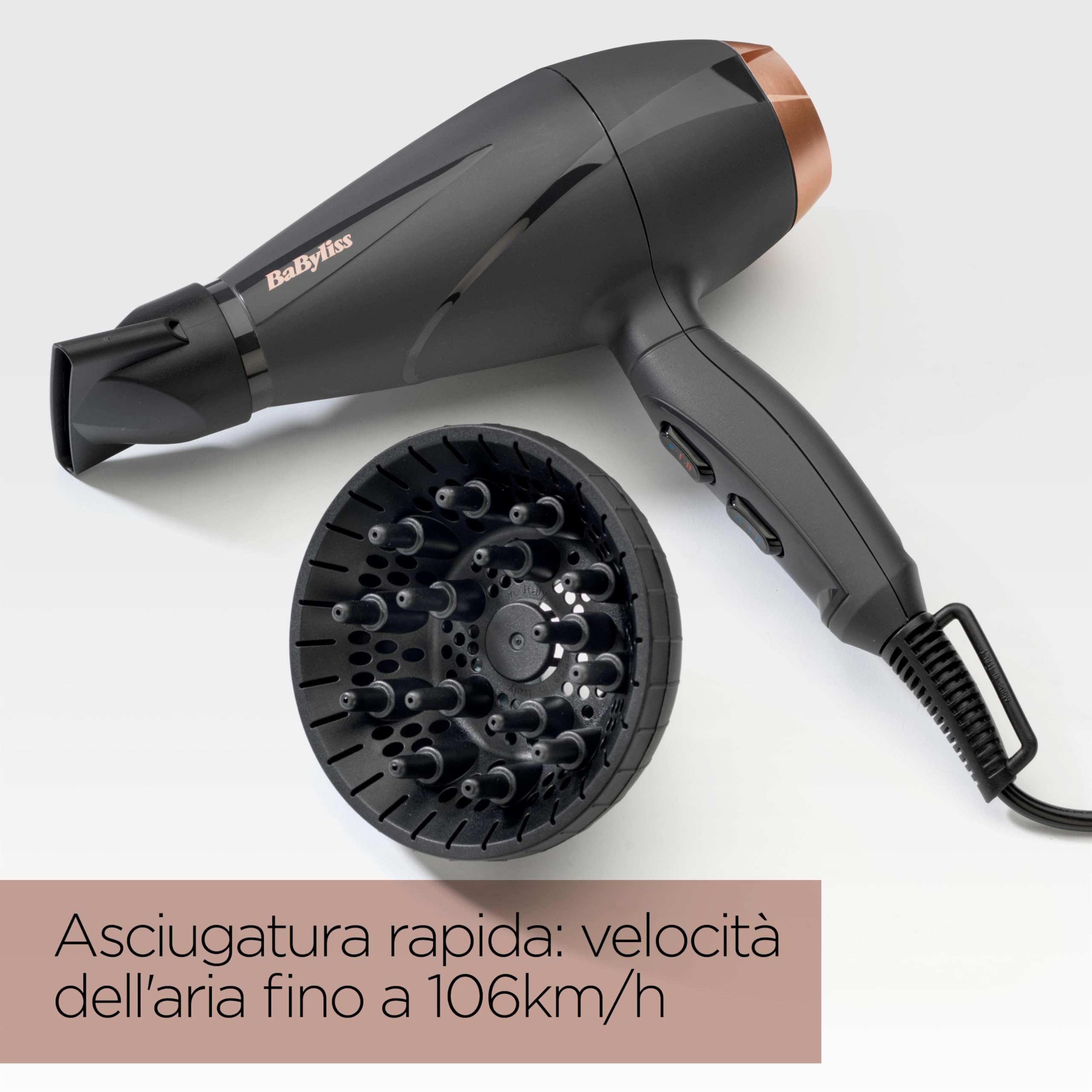 BaByliss Asciugacapelli MADE IN ITALY Smooth Pro, Motore AC Phon Capelli Professionale,2200W, diffusore e concentartore, funzione anti-crespo,2 velocità - 3 temperature, tasto aria fredda, nero,6709DE