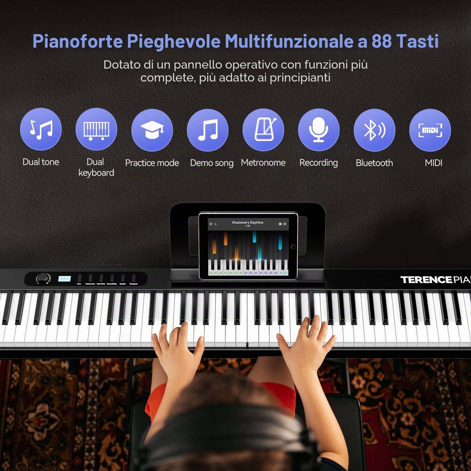 TERENCE Pieghevole Pianoforte Digitale 88 Tasti semi-pesati con batteria da 1750 mAh Bluetooth e interfaccia MIDI, supporto per spartiti Borsa adesiva Cavo audio con Pedale di sostegno (X88D)