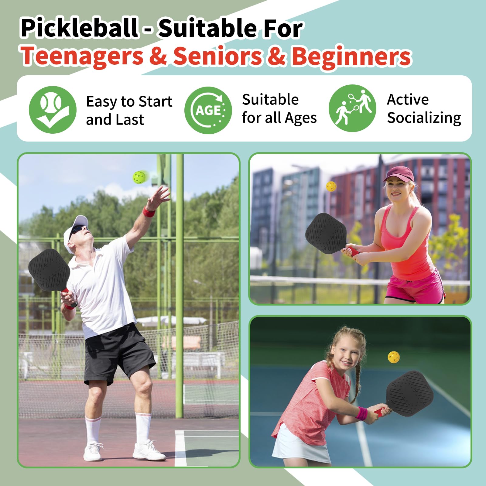Set di 2 pagaie leggere per pickleball, per principianti, gioco sportivo per bambini o adulti, adolescenti, attività al chiuso e all'aperto