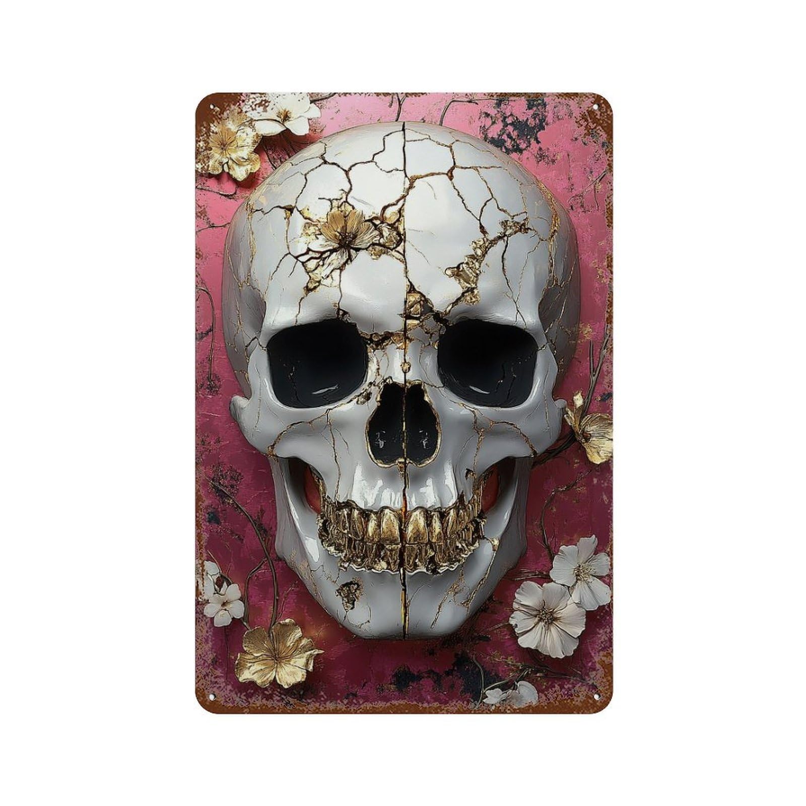 Gilded Skull Wall Art Decor 11.8"x7.9" Decorative Tin Sign, Retro Wall Decor for Bistro, Counter And Cafe Decor