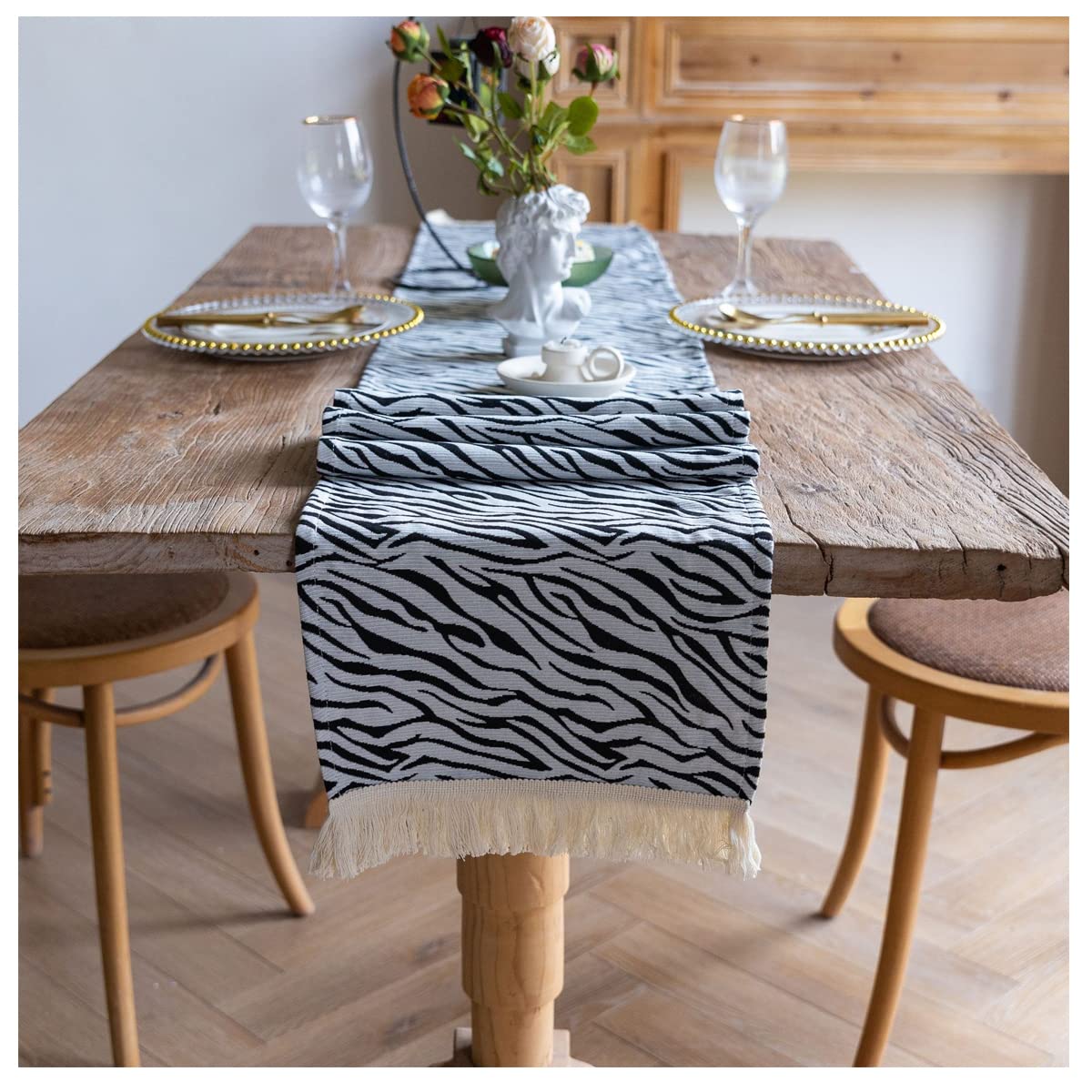 Chemin de table rustique 30x220 cm bicolore réversible avec pompons