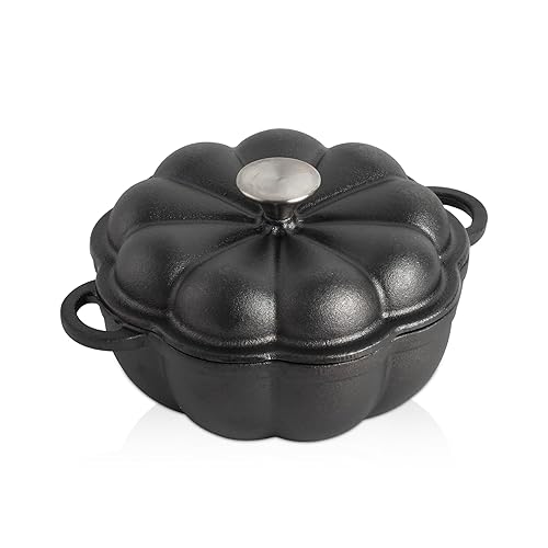 Pre-seasoned Cast Iron Garlic Roaster, Heavy Duty Garlic Roaster with Lid, Pumpkin Shaped Garlic Baker Garlic Cooker for Oven, Grill, Stove, BBQ, Barbecue (8.66” L x 7.08” W x 5.12” H/Black) - #1 Black