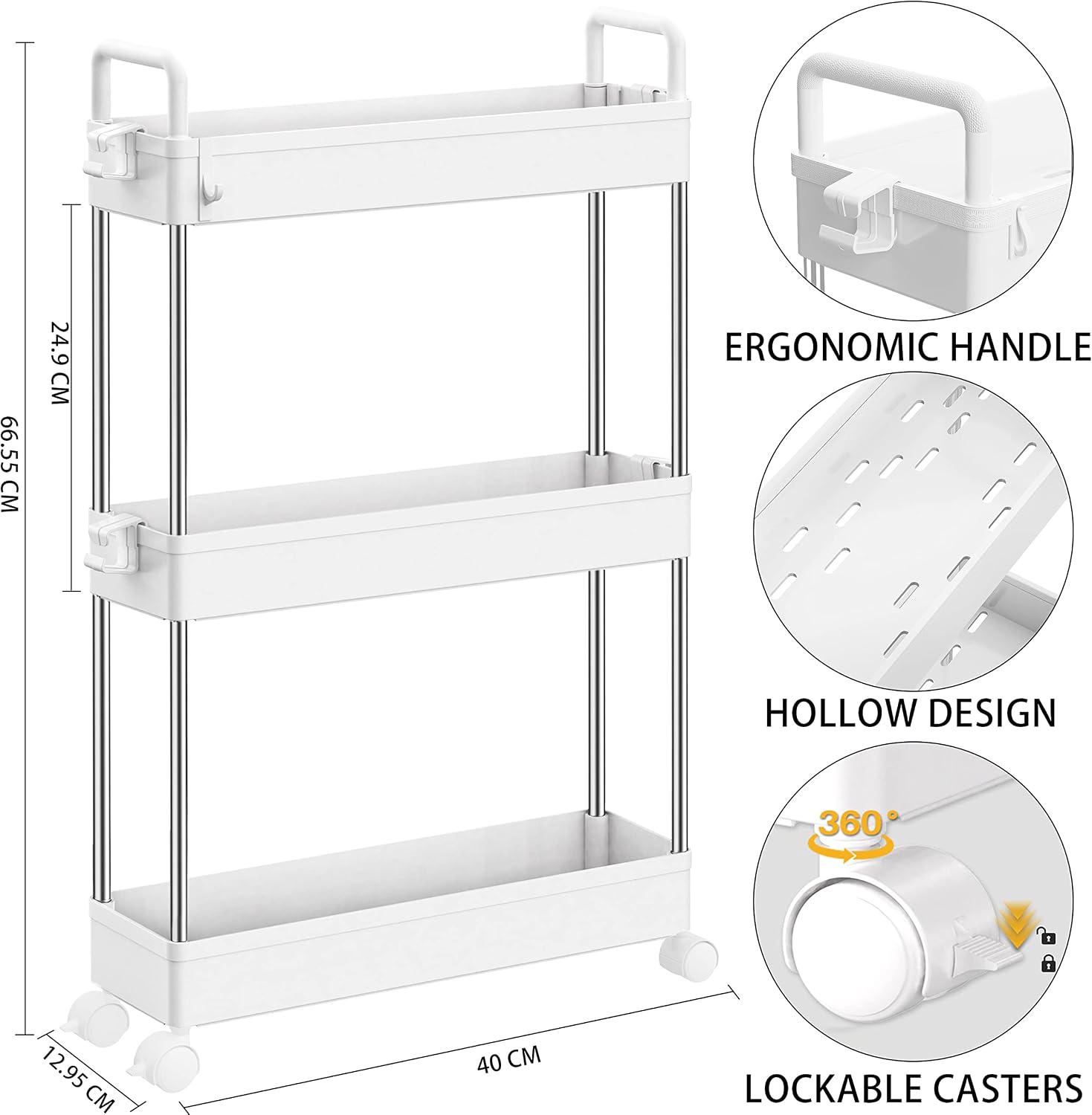 Ronlap 3 Tier Slim Rolling Storage Cart, Skinny Rolling Cart with Wheels Slide Out Storage Organizer Mobile Shelving Unit Plastic Utility Carts for Bathroom Laundry Room Kitchen Narrow Place, White