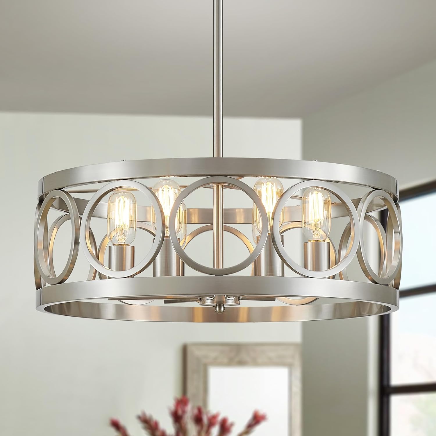 XINGQI 6-Light Modern Chandelier Brushed Nickel Farmhouse Dining Room Chandeliers, 21.7'' Drum Pendant Light Fixture Height Adjustable for Living Room Home Office Brushed Nickel Drum Chandelier-6 Light