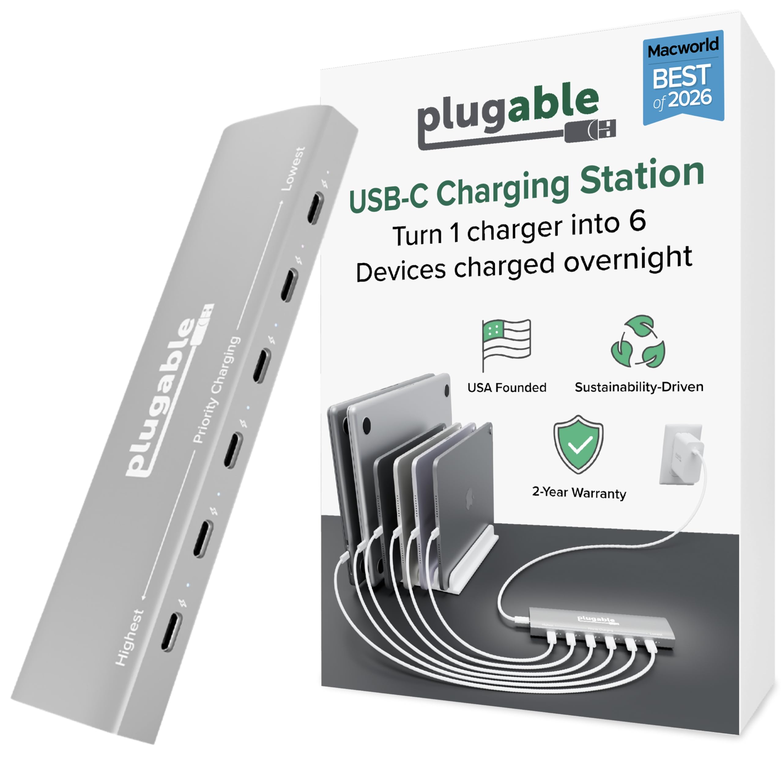 Station de charge USB C 6 ports multiprise chargeur rapide universel Plugable - 8