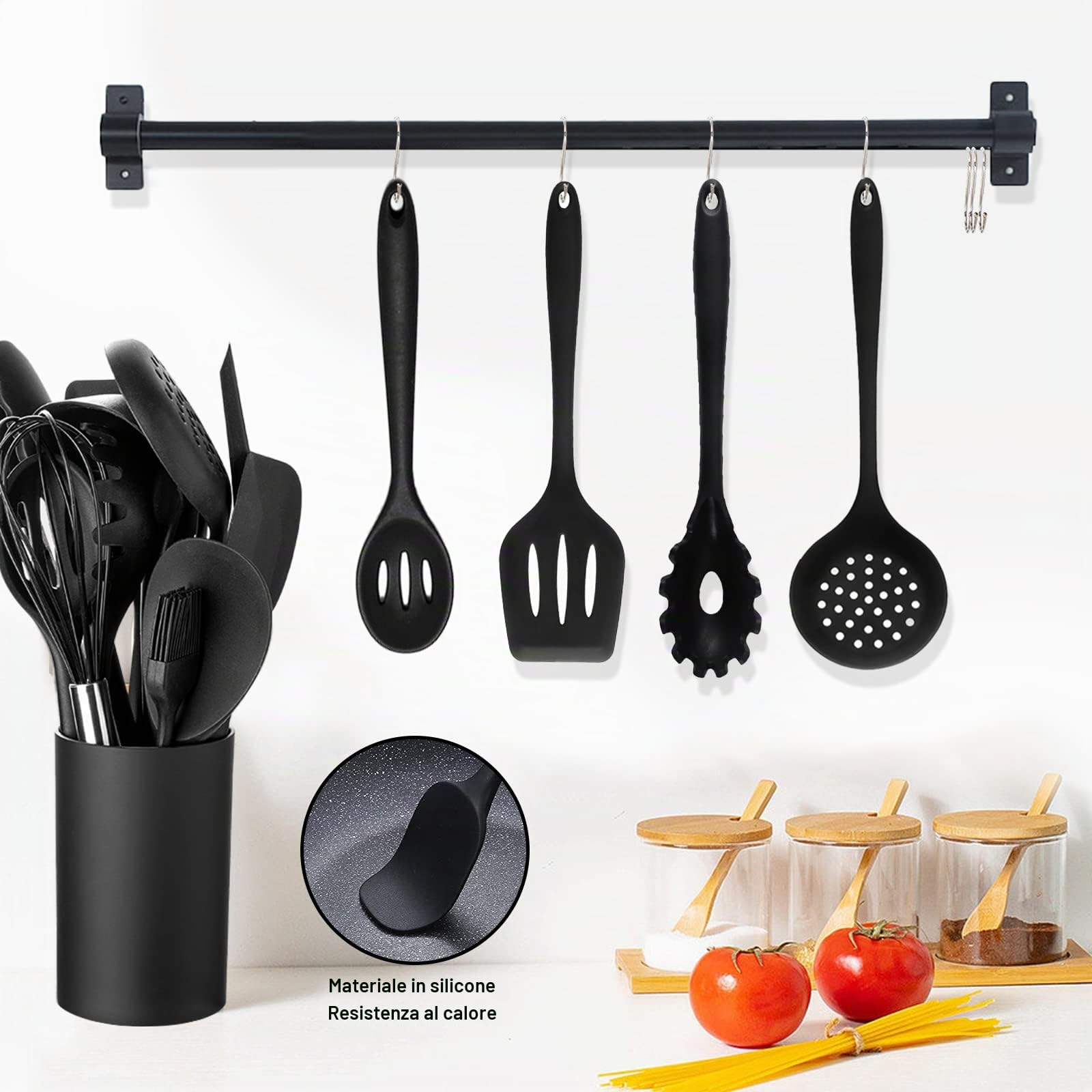 Set di Utensili da Cucina in Silicone Accessori 49PCS , con 20 Ami, Resistenti al Calore Antiaderenti Spatola da Cucina, Nero