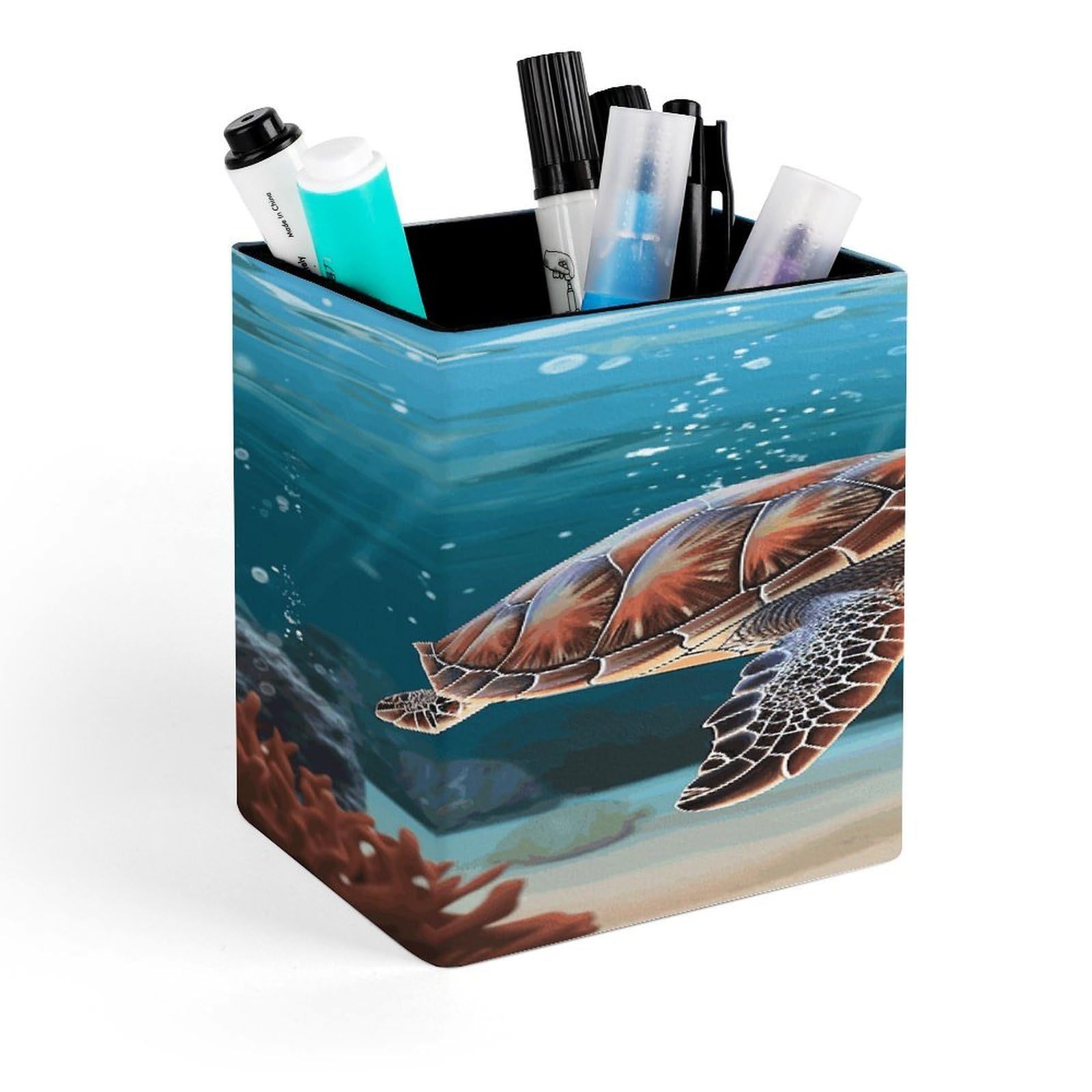 FekiLoot Sea Turtle Swimming Pen Holder Personalized Desktop Pencil Holders Case Office Accessories Container Box for Square Pen Cup Desktop Organizer Makeup Brush Holder Caddy Storage