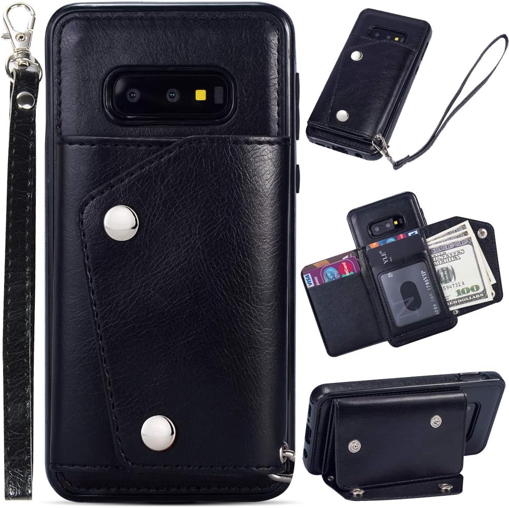 KUDEX Galaxy S10 Plus Wallet Case for Men/Women,Flip Leather Fold Kickstand Heavy Duty Protective Purse Case w/Credit Card Slot Pocket Magnetic Closure&Wrist Strap for Samsung Galaxy S 10+ (Black)