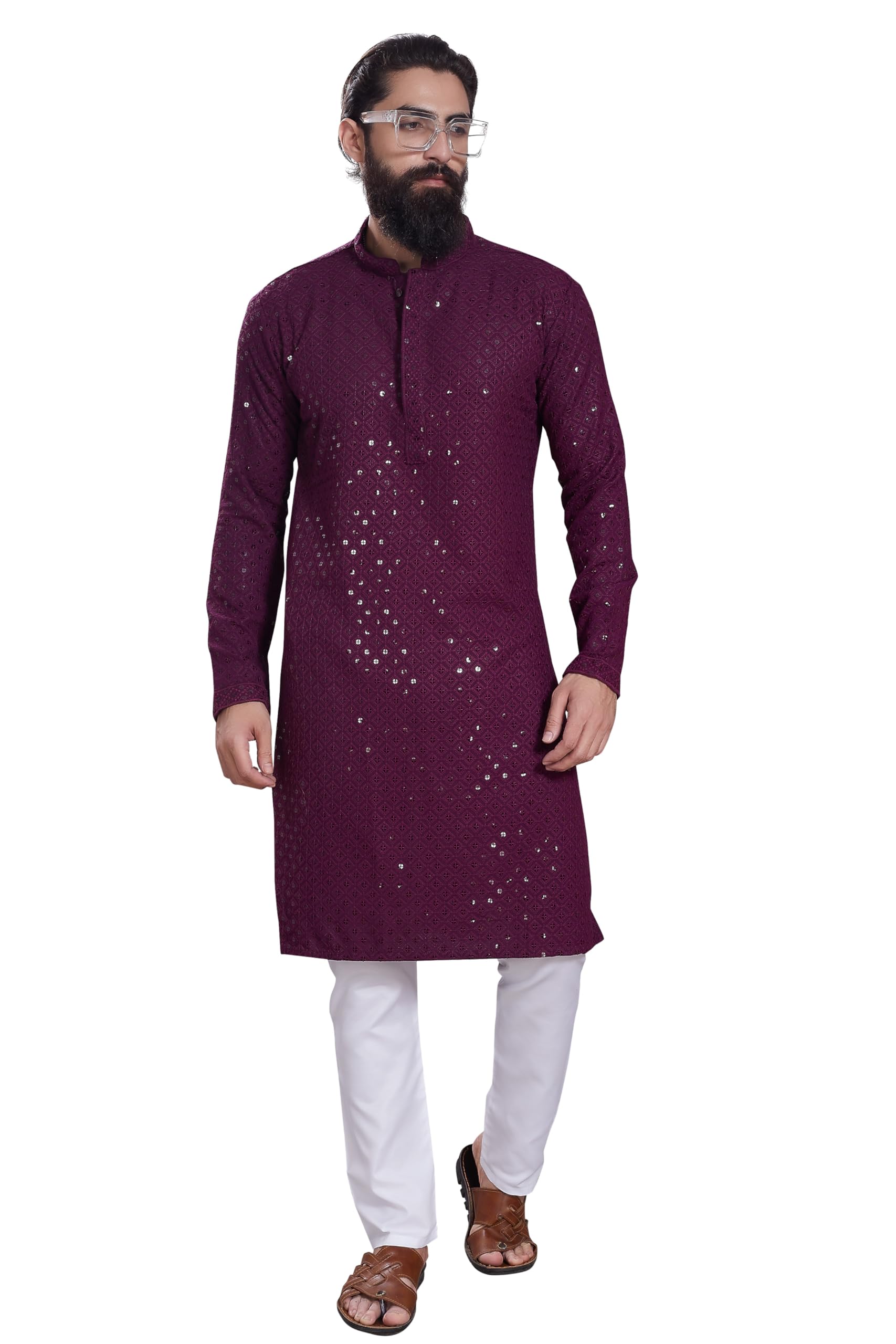 Divisive Men's Sequince Embroidered Cotton Blend Only Slim Fit Kurta (Dkrt232_M_Burgundy)