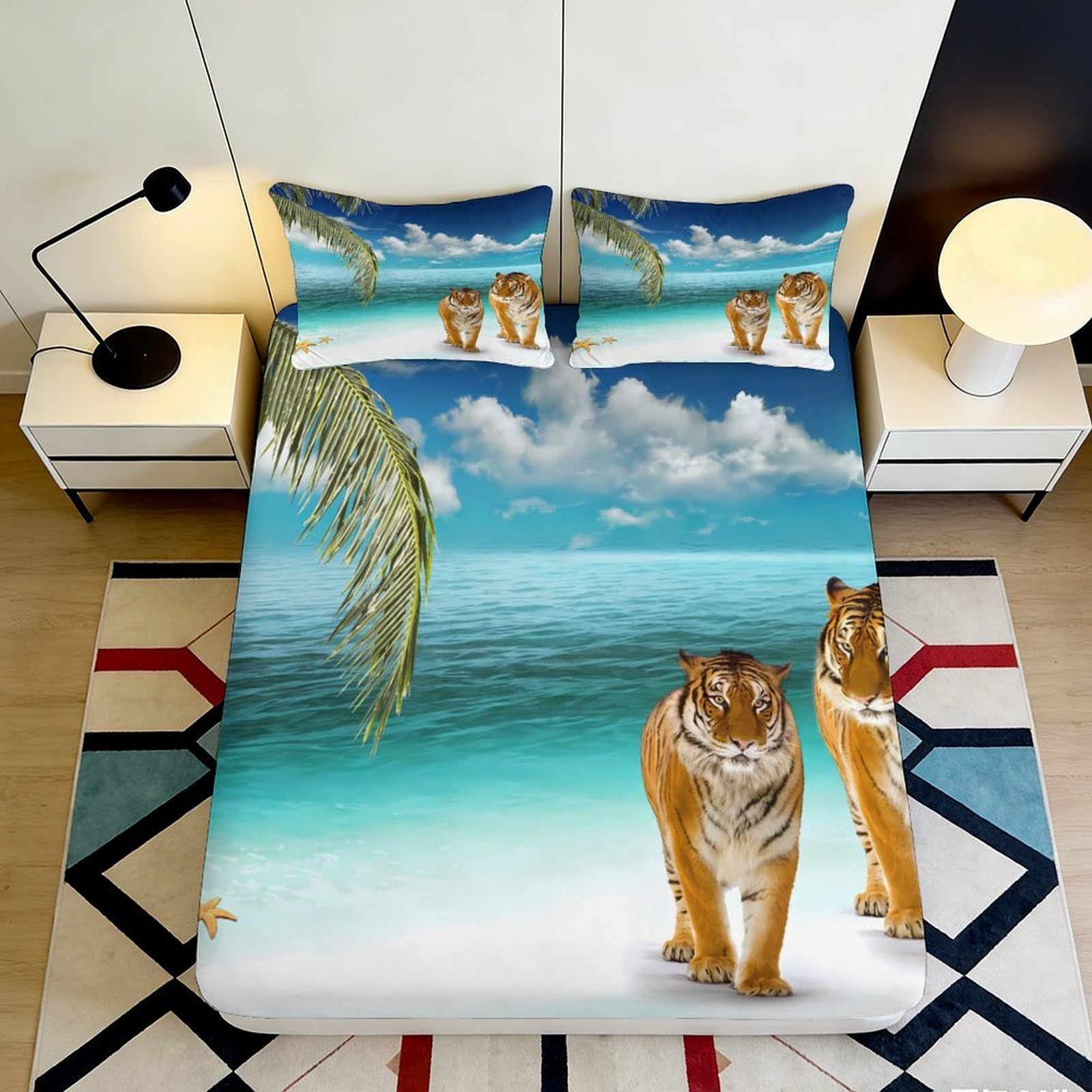 Uynsixtme Style-4 3D Printed Tropical Tiger Fitted Sheet Microfiber Deep Pocket Bedroom Bedding Palm Tiger Mattress Fitted Cover Non-Slip Machine Washable 140X200x25cm
