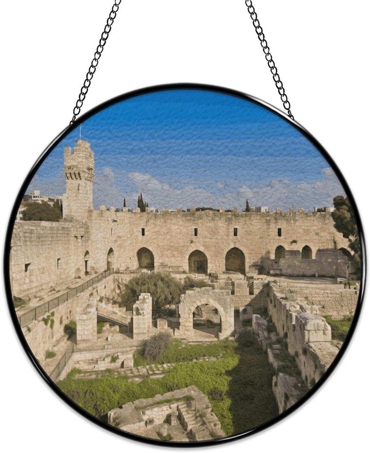 Stained Glass Window Hanging 30x30cm Window Suncatcher Glass Panel with Metal Chain Israel at The Tower of DavidSun Catchers Wall Art Home Decor Gift for Women Mother's Day