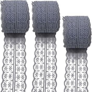 3 Rolls 10 Yards Floral Lace Ribbon Lace Trim Webbing Fabric for DIY Jewelry Making Craft Clothes Accessories Gift Wrapping Gray
