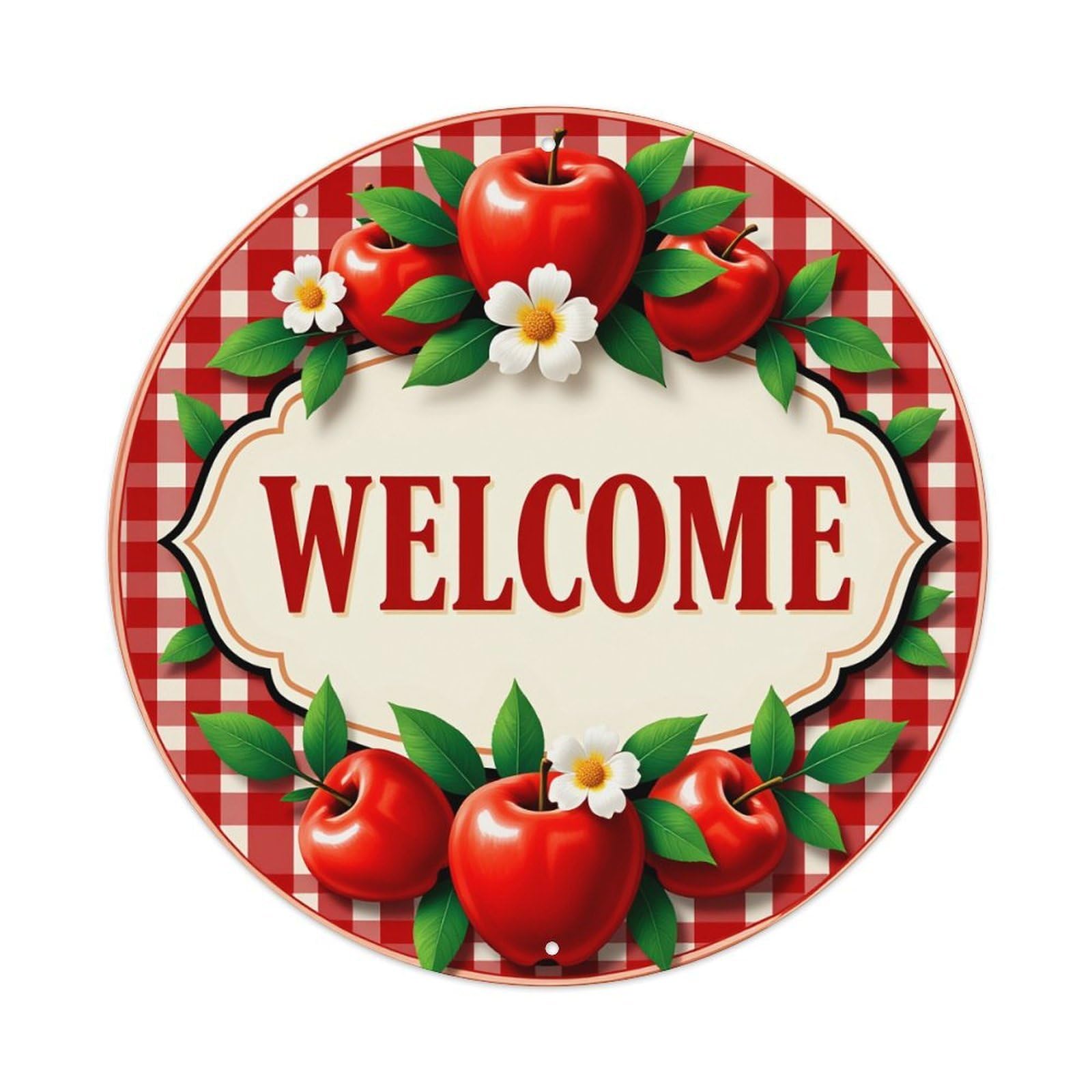 Red Apples White Flowers Checkered Background Welcome Sign Round Tin Sign Retro Metal Sign for Cafe Bar Pub Home Game Room Gym Club Wall Decoration Vintage Metal Poster 8x8 Inch