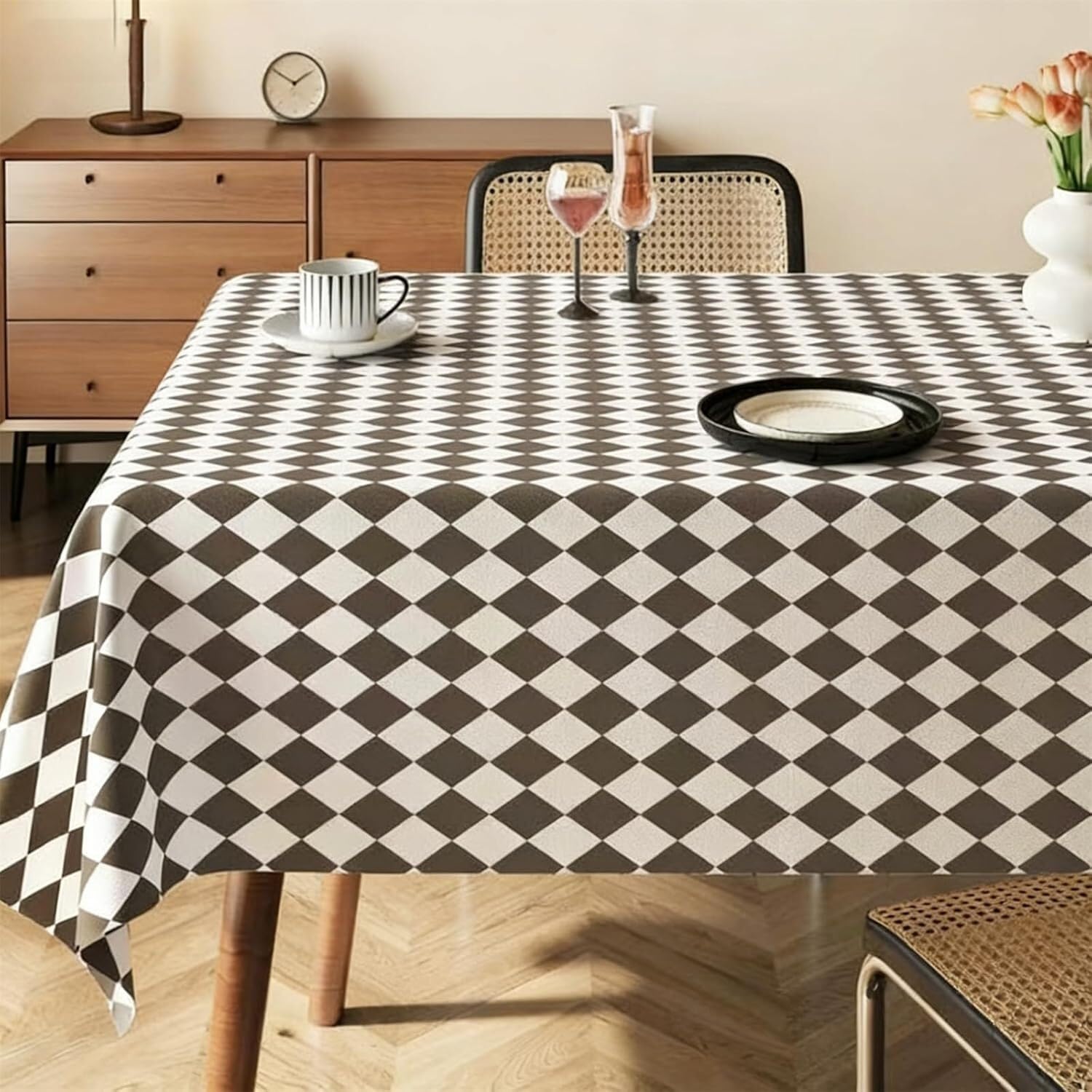 KIJyfgTR New Twill Check Wipeable Tablecloth, Rectangular Table Cover(Braun,140x180cm)