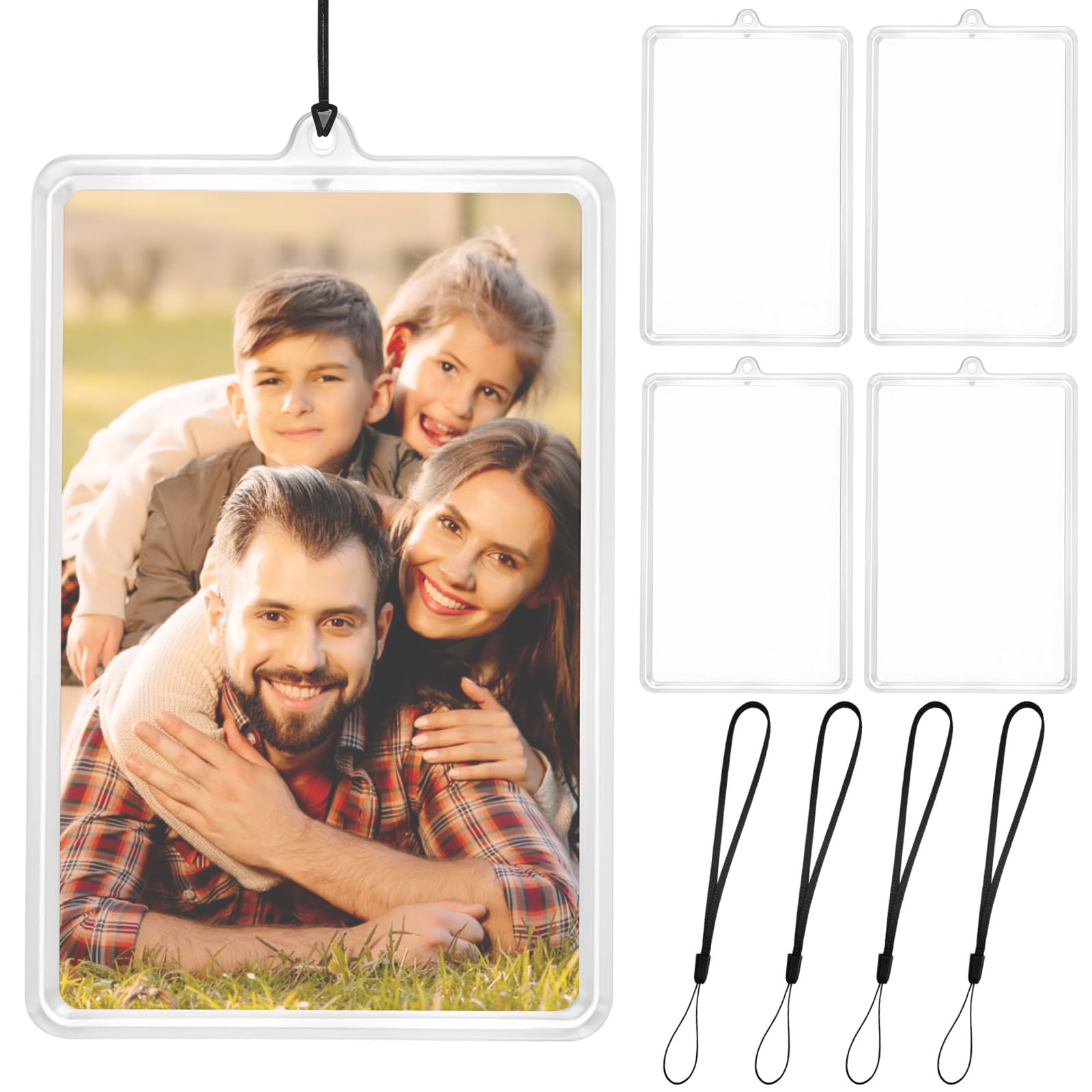HINGTAI Marco de fotos para coche con 4 tarjeteros transparentes y cuerda negra, adorno personalizado para espejo retrovisor