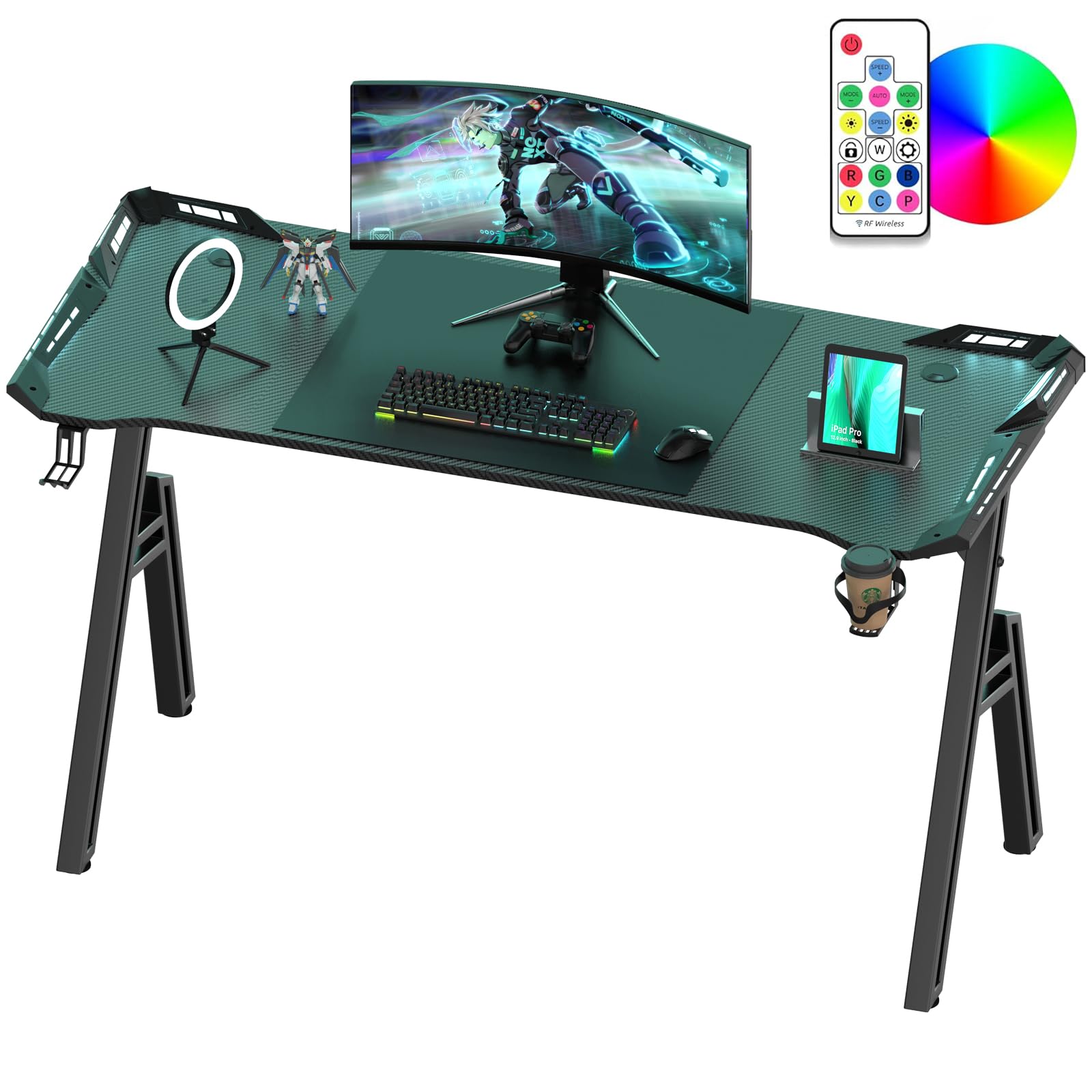 Escritorio Gaming con LED 140×60 cm, Escritorio Gamer de Fibra de Carbono Ergonomicas, con Portavasos y Soporte para Auriculares, Mesa Gaming en Forma de A, Escritorio Ordenador con Gestión de Cables