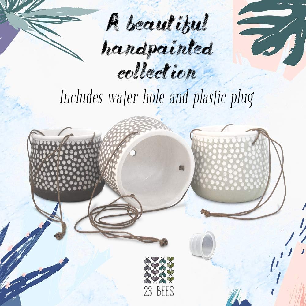 3 Pack Hanging Planter for Indoor Plants, White Concrete Pots, Round Air Succulent Holder Container, Cactus Pot with Rope Hanger, 23 Bees (3, Shades of Nature)